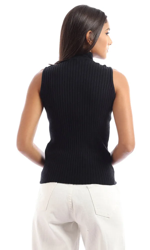 96135 Mock Neck Ribbed Black Pullover - Black