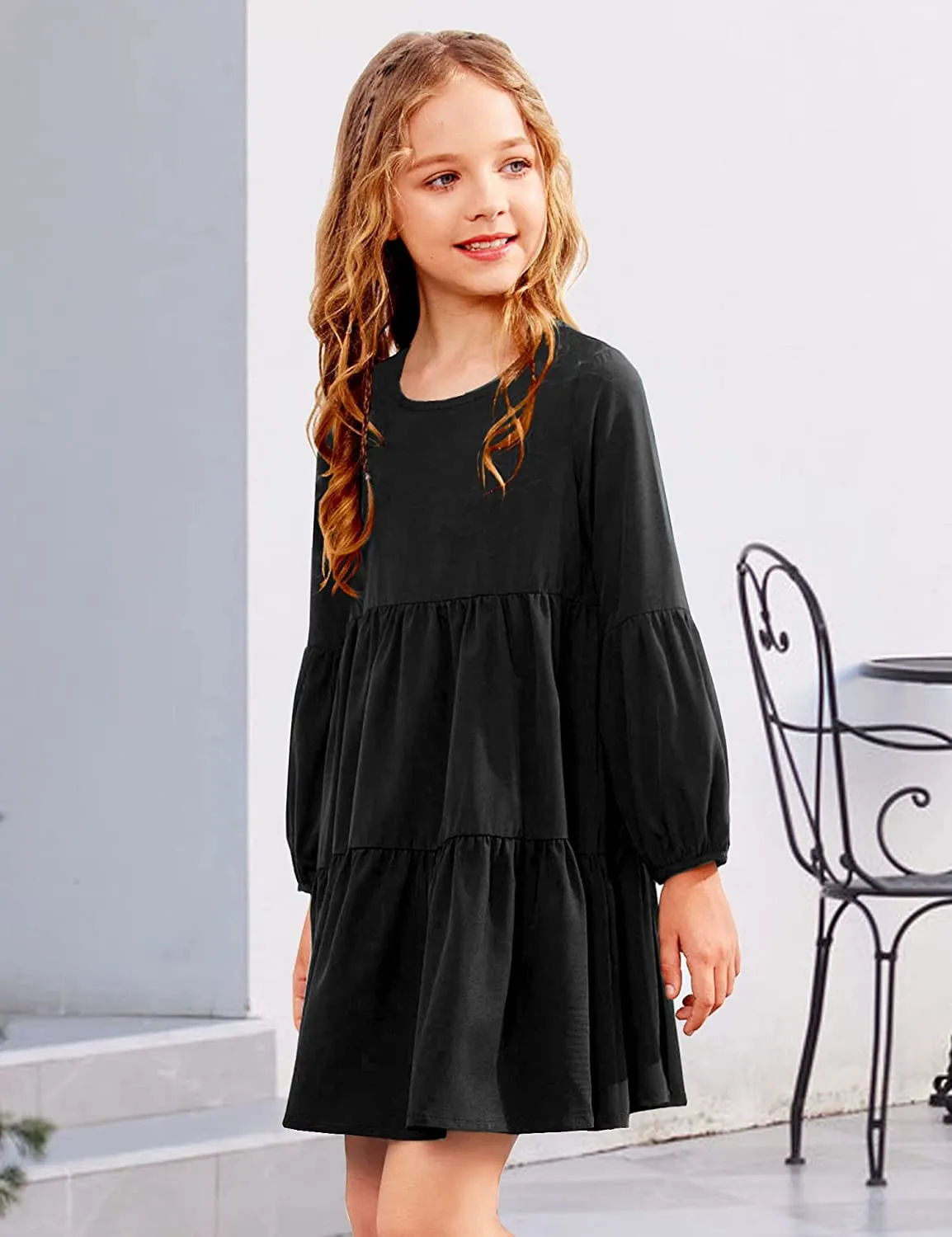 Arshiner Girls Dress Long Lantern Sleeve Loose Flowy Swing Ruffle Tunic Dresses