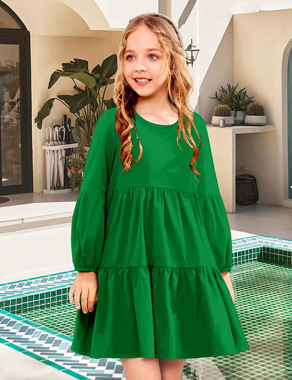 Arshiner Girls Dress Long Lantern Sleeve Loose Flowy Swing Ruffle Tunic Dresses