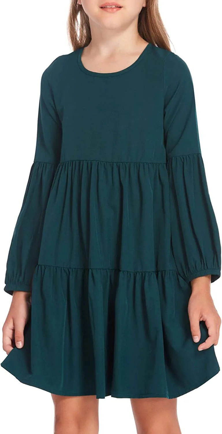 Arshiner Girls Dress Long Lantern Sleeve Loose Flowy Swing Ruffle Tunic Dresses