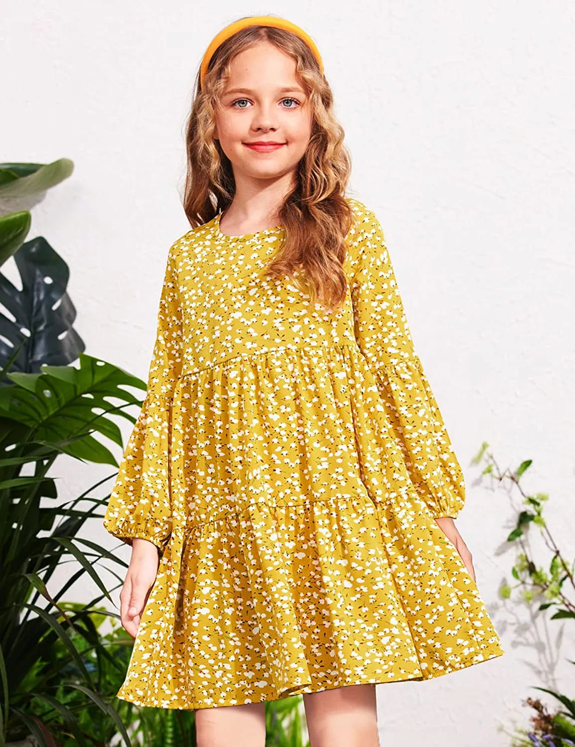 Arshiner Girls Dress Long Lantern Sleeve Loose Flowy Swing Ruffle Tunic Dresses