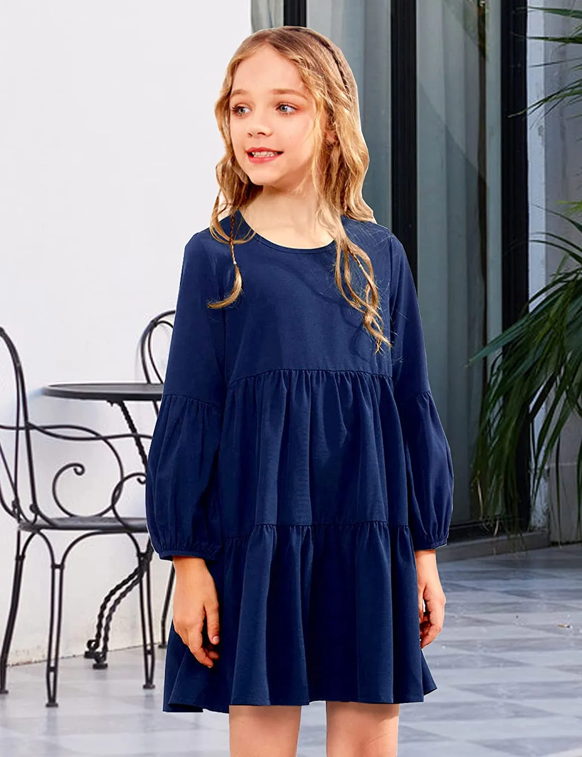 Arshiner Girls Dress Long Lantern Sleeve Loose Flowy Swing Ruffle Tunic Dresses