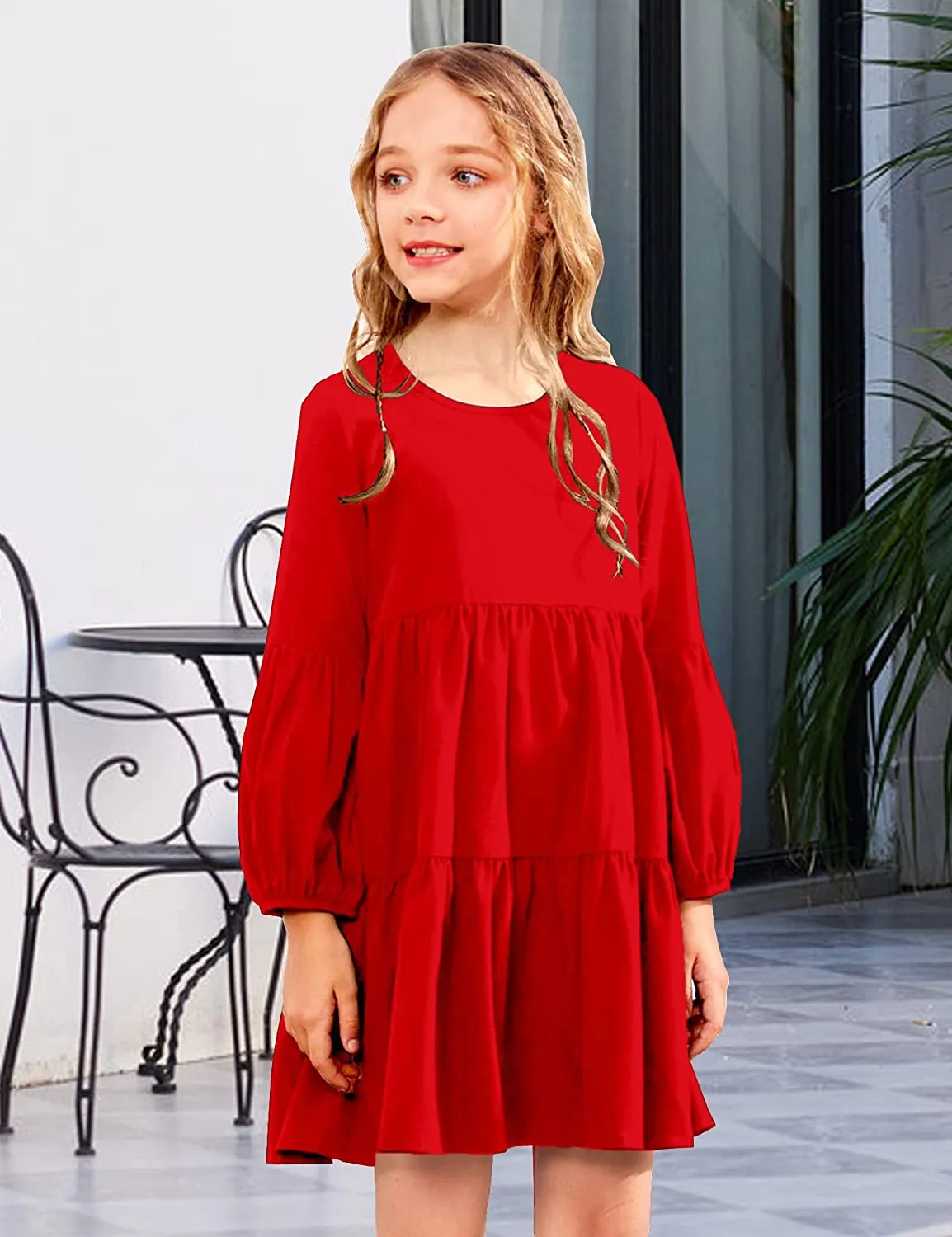 Arshiner Girls Dress Long Lantern Sleeve Loose Flowy Swing Ruffle Tunic Dresses