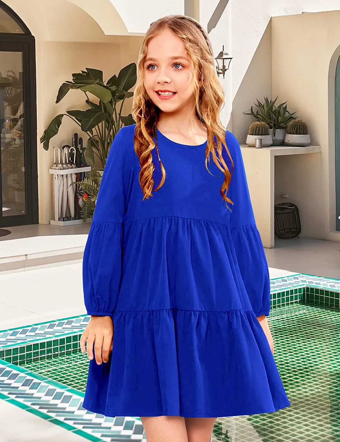 Arshiner Girls Dress Long Lantern Sleeve Loose Flowy Swing Ruffle Tunic Dresses