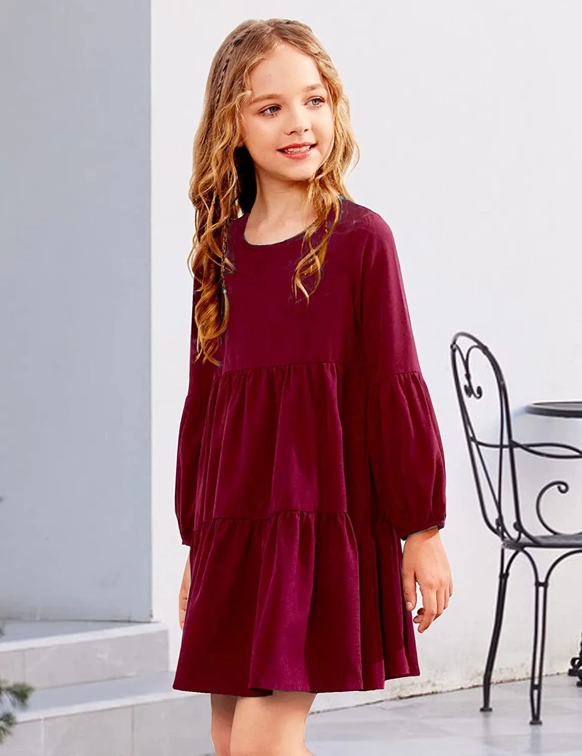 Arshiner Girls Dress Long Lantern Sleeve Loose Flowy Swing Ruffle Tunic Dresses