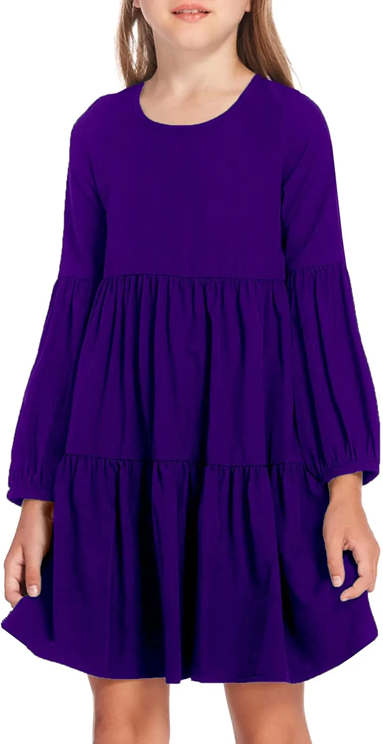 Arshiner Girls Dress Long Lantern Sleeve Loose Flowy Swing Ruffle Tunic Dresses