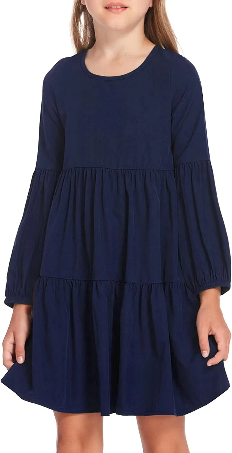 Arshiner Girls Dress Long Lantern Sleeve Loose Flowy Swing Ruffle Tunic Dresses