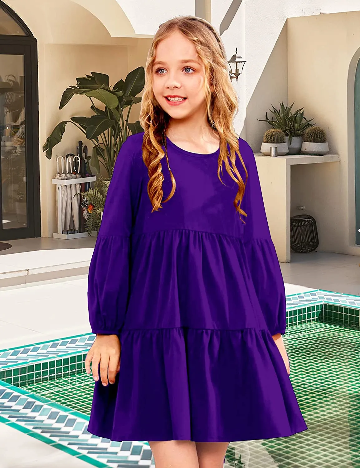 Arshiner Girls Dress Long Lantern Sleeve Loose Flowy Swing Ruffle Tunic Dresses