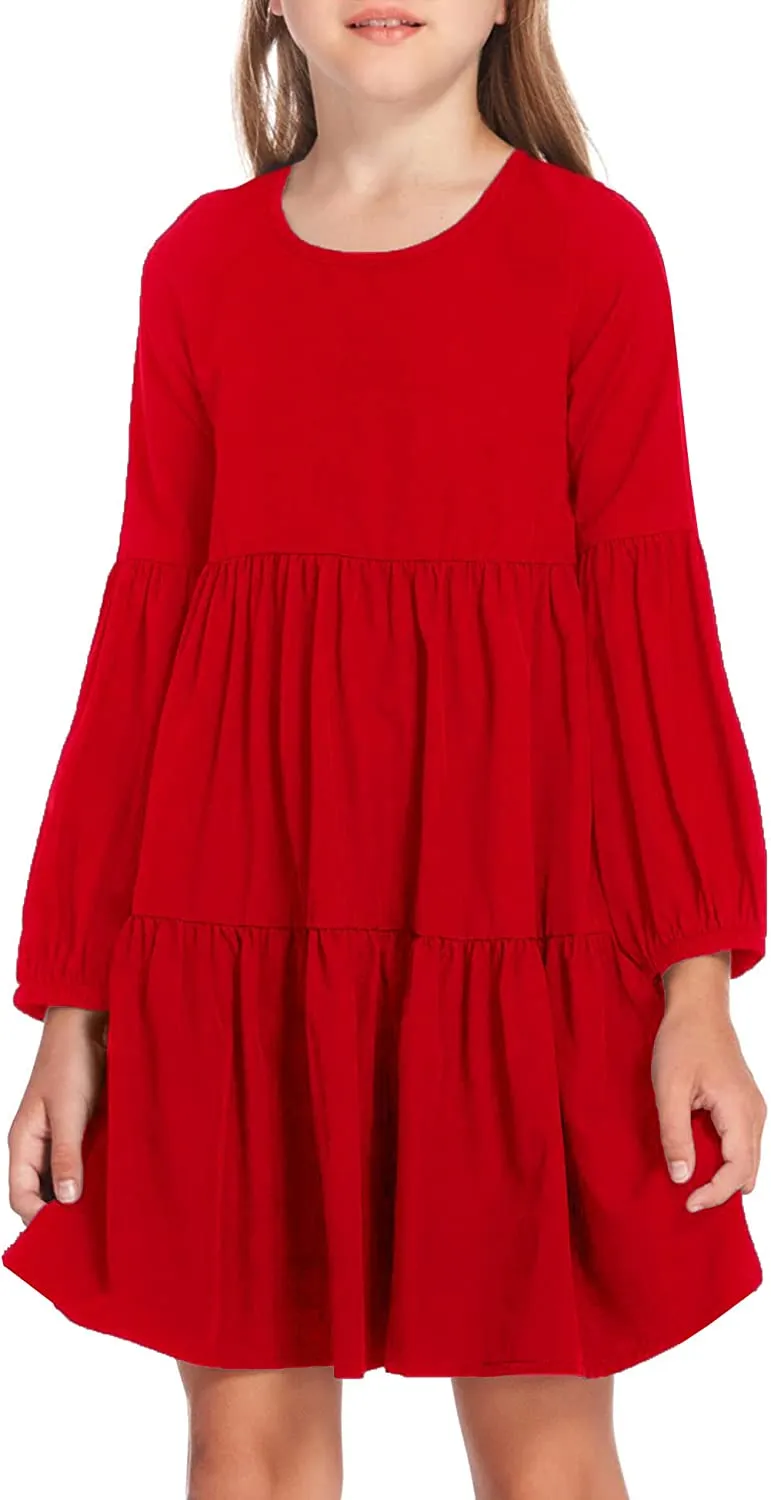 Arshiner Girls Dress Long Lantern Sleeve Loose Flowy Swing Ruffle Tunic Dresses