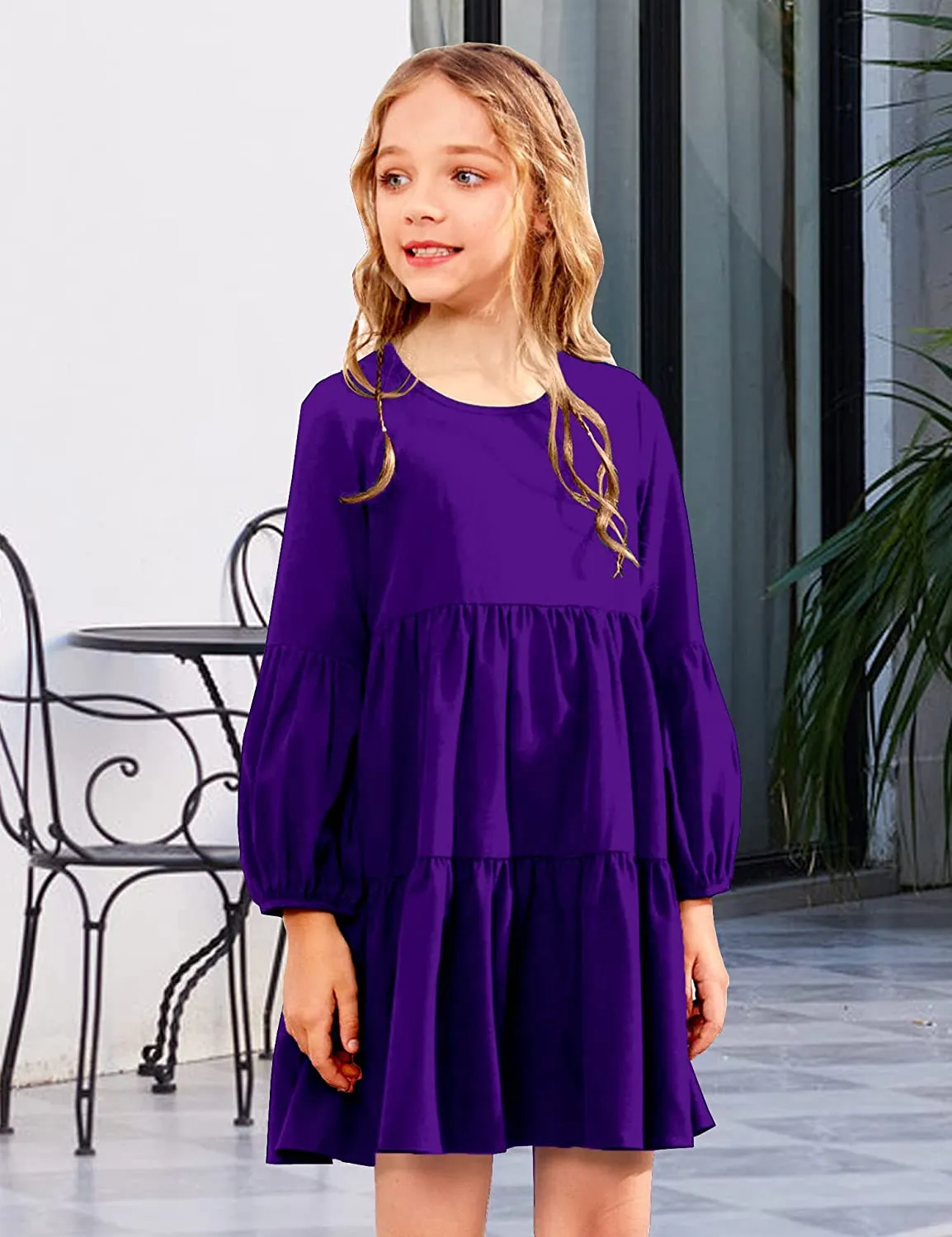 Arshiner Girls Dress Long Lantern Sleeve Loose Flowy Swing Ruffle Tunic Dresses