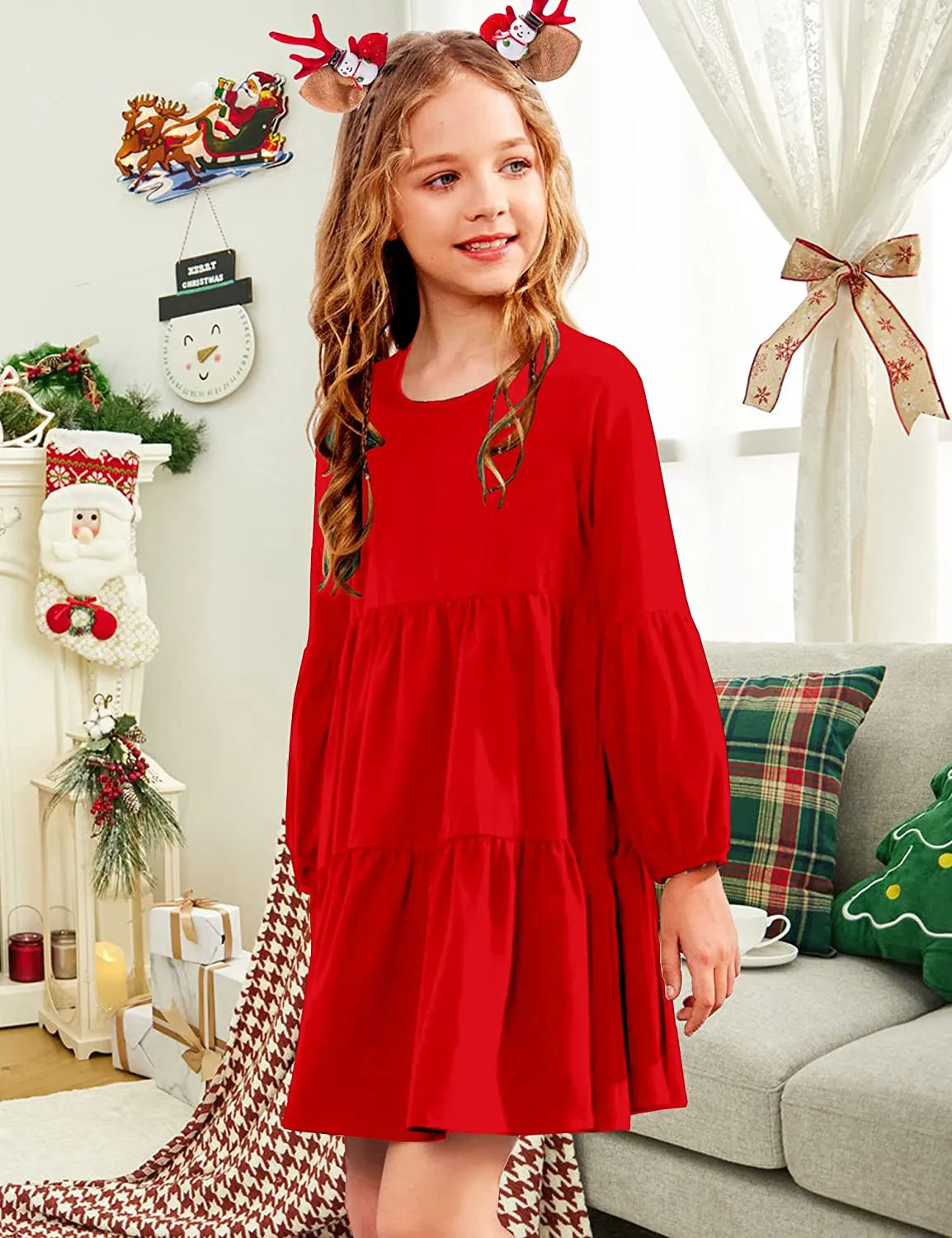 Arshiner Girls Dress Long Lantern Sleeve Loose Flowy Swing Ruffle Tunic Dresses