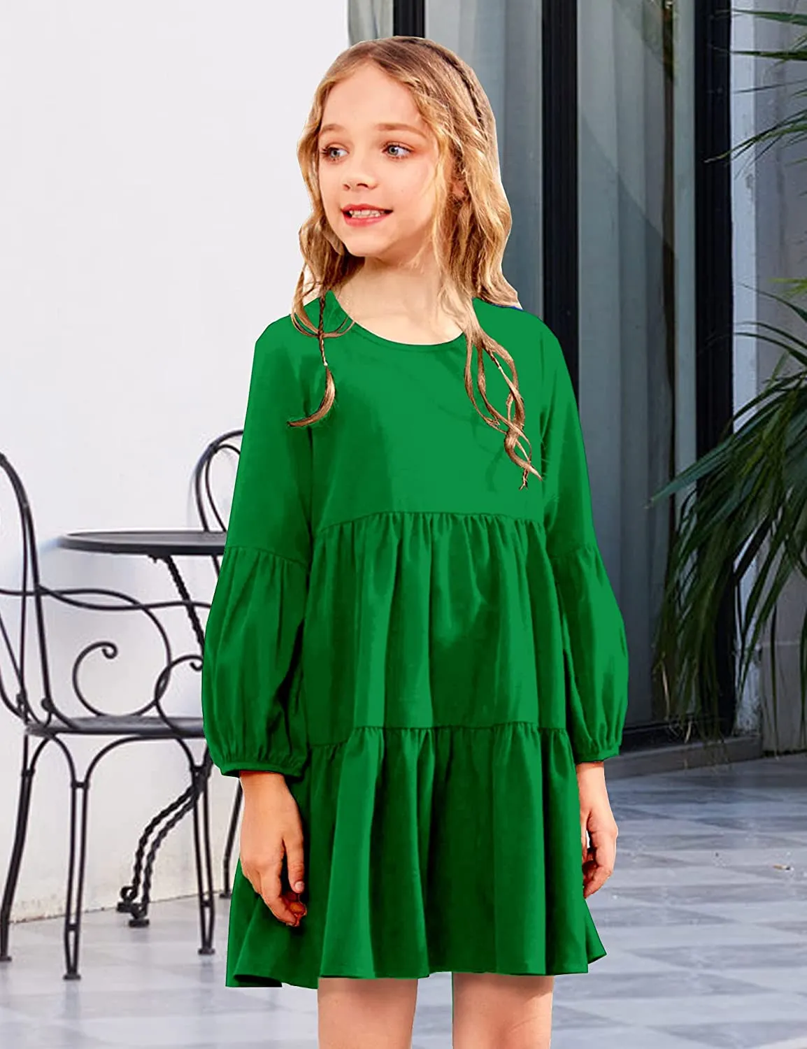 Arshiner Girls Dress Long Lantern Sleeve Loose Flowy Swing Ruffle Tunic Dresses