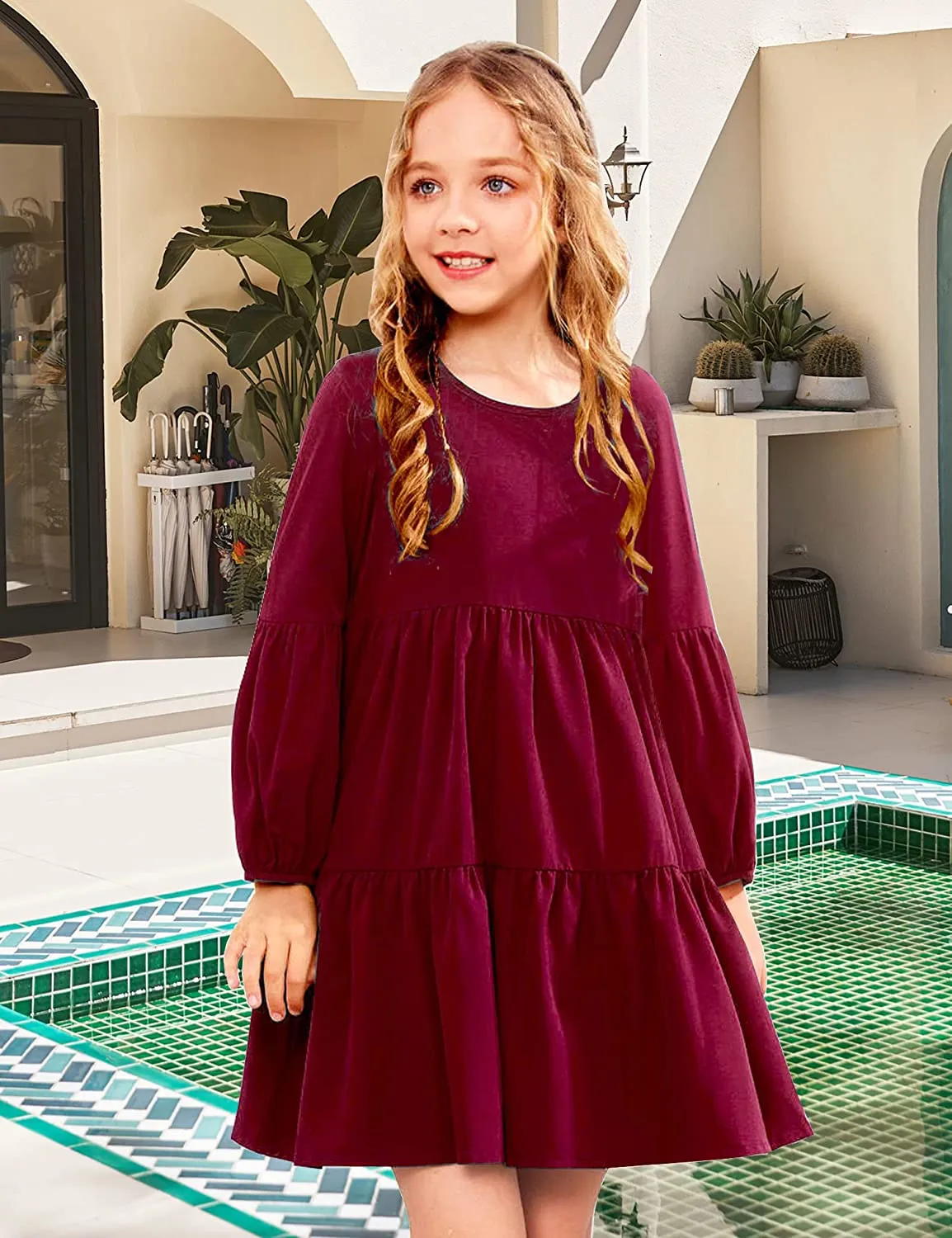 Arshiner Girls Dress Long Lantern Sleeve Loose Flowy Swing Ruffle Tunic Dresses