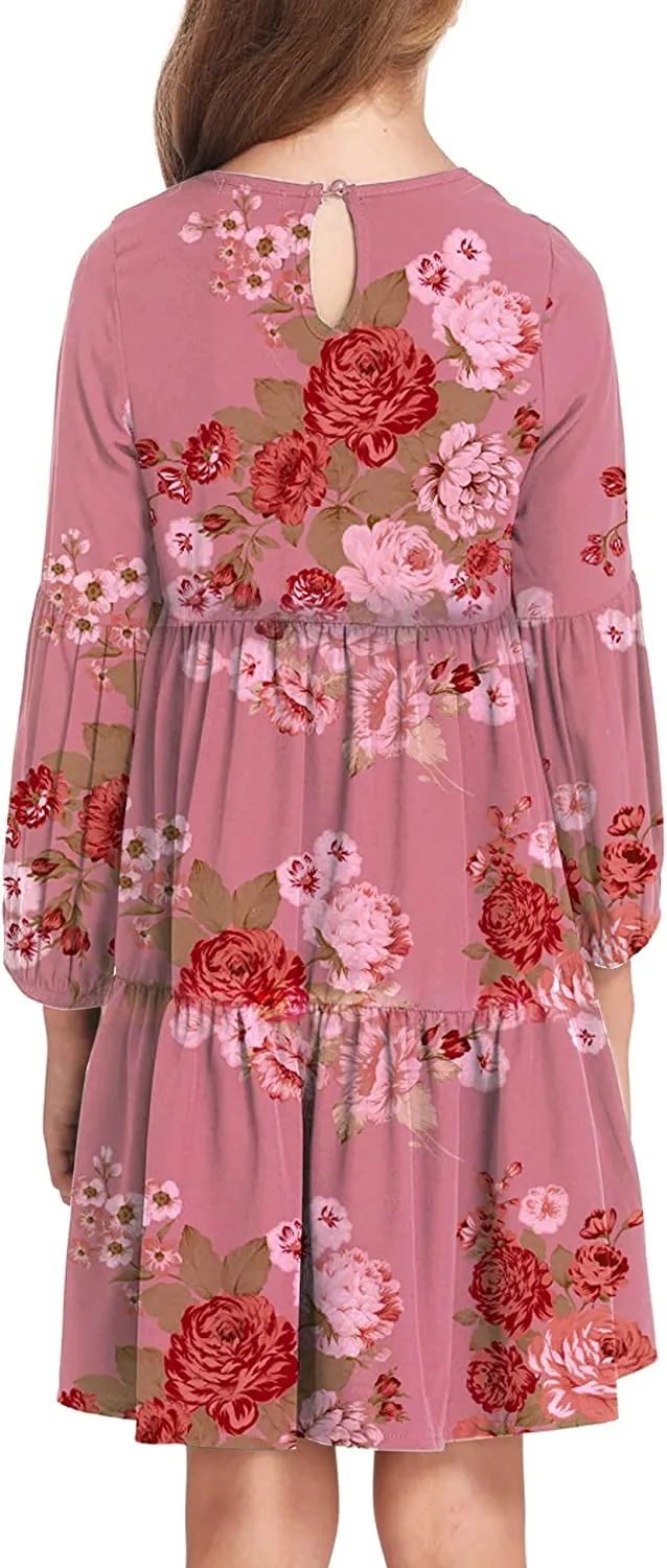 Arshiner Girls Dress Long Lantern Sleeve Loose Flowy Swing Ruffle Tunic Dresses