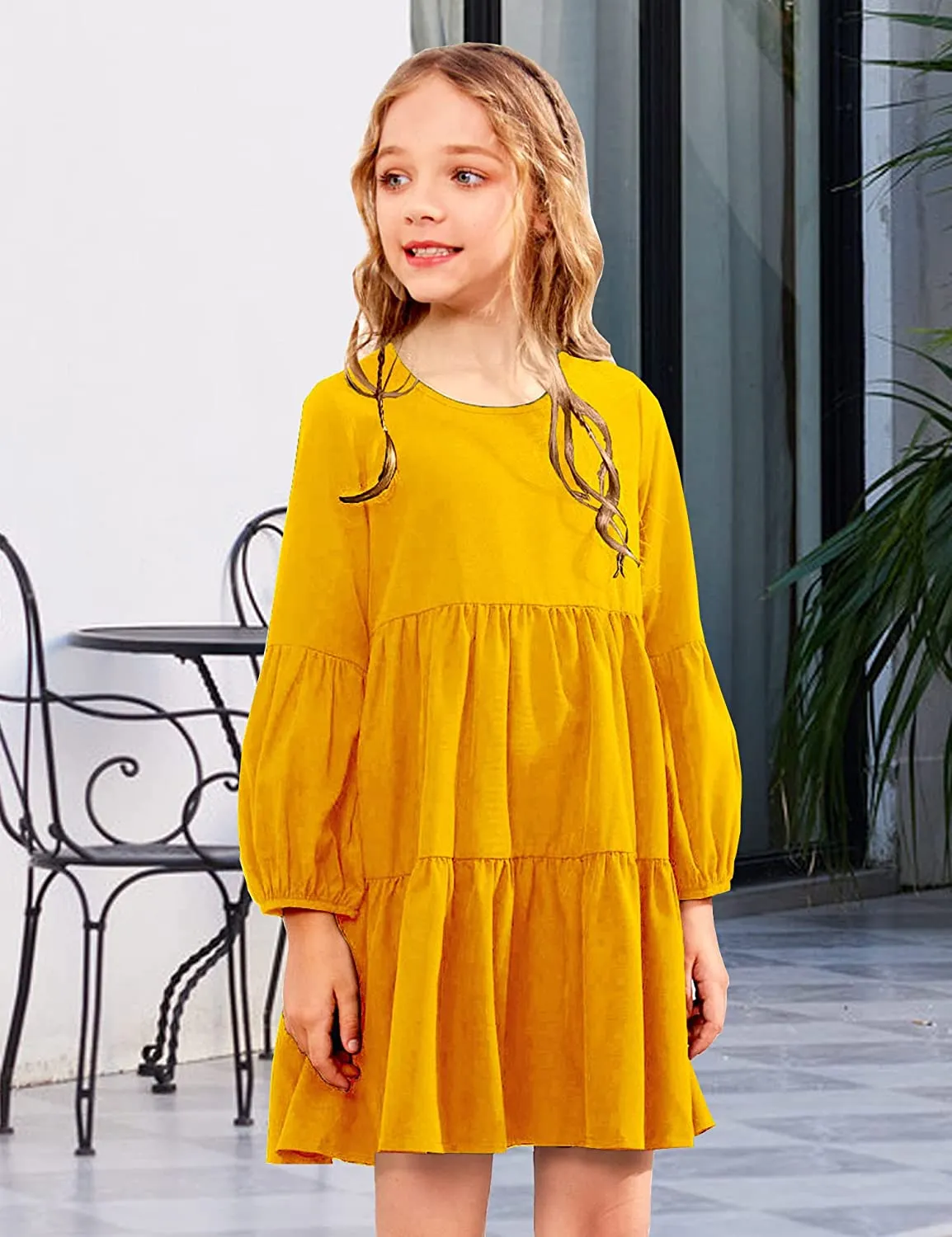 Arshiner Girls Dress Long Lantern Sleeve Loose Flowy Swing Ruffle Tunic Dresses