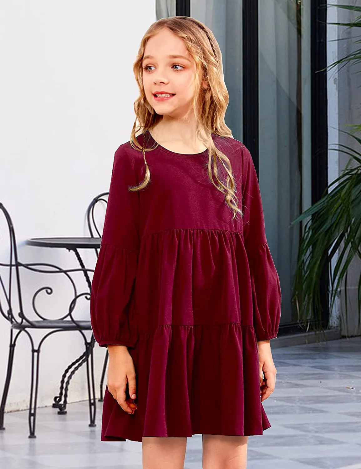 Arshiner Girls Dress Long Lantern Sleeve Loose Flowy Swing Ruffle Tunic Dresses