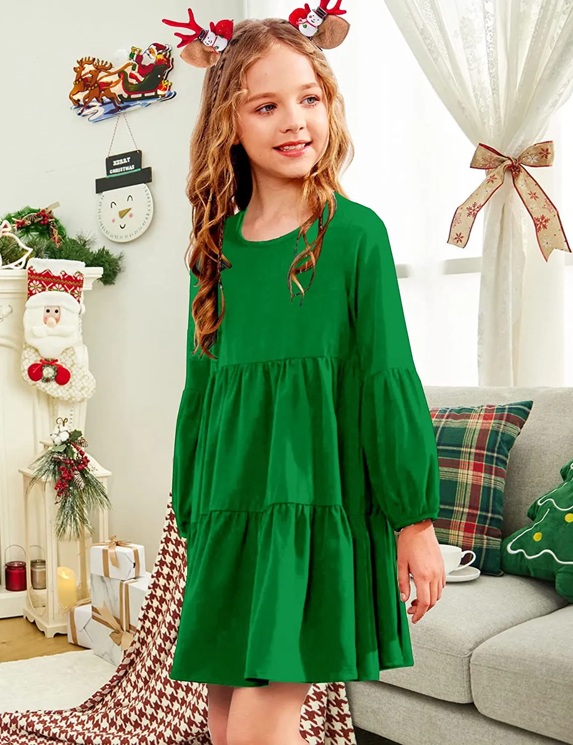 Arshiner Girls Dress Long Lantern Sleeve Loose Flowy Swing Ruffle Tunic Dresses
