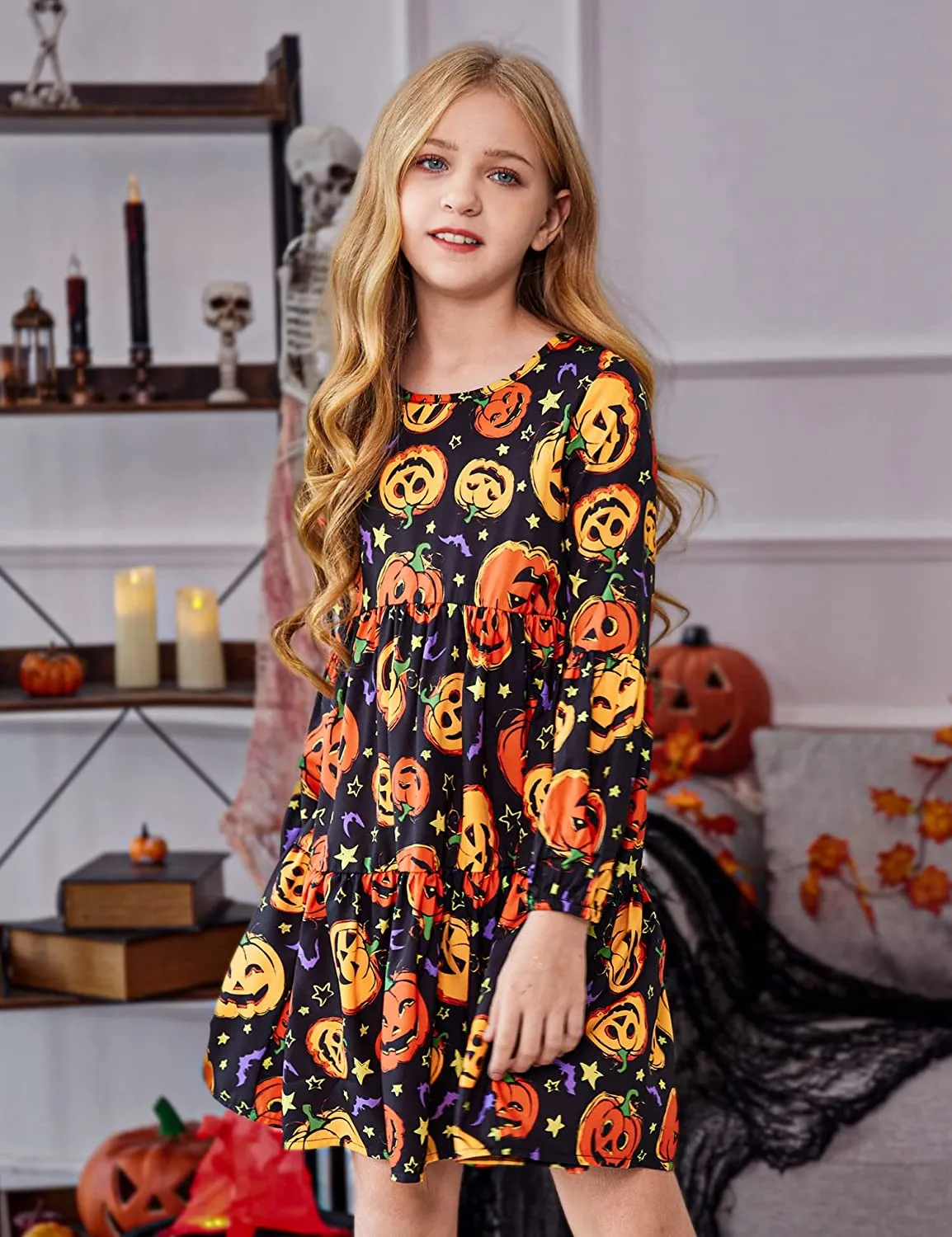 Arshiner Girls Dress Long Lantern Sleeve Loose Flowy Swing Ruffle Tunic Dresses