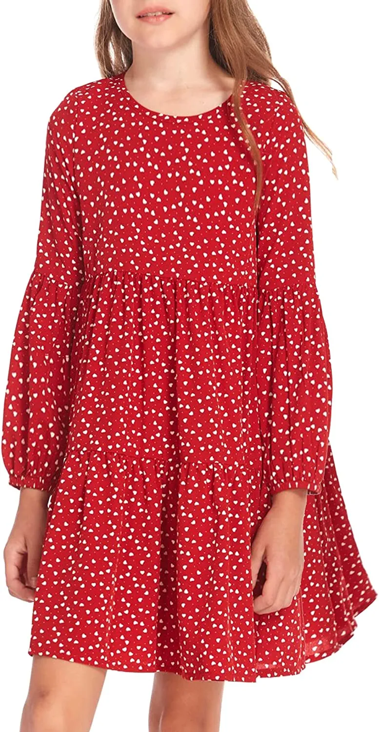 Arshiner Girls Dress Long Lantern Sleeve Loose Flowy Swing Ruffle Tunic Dresses