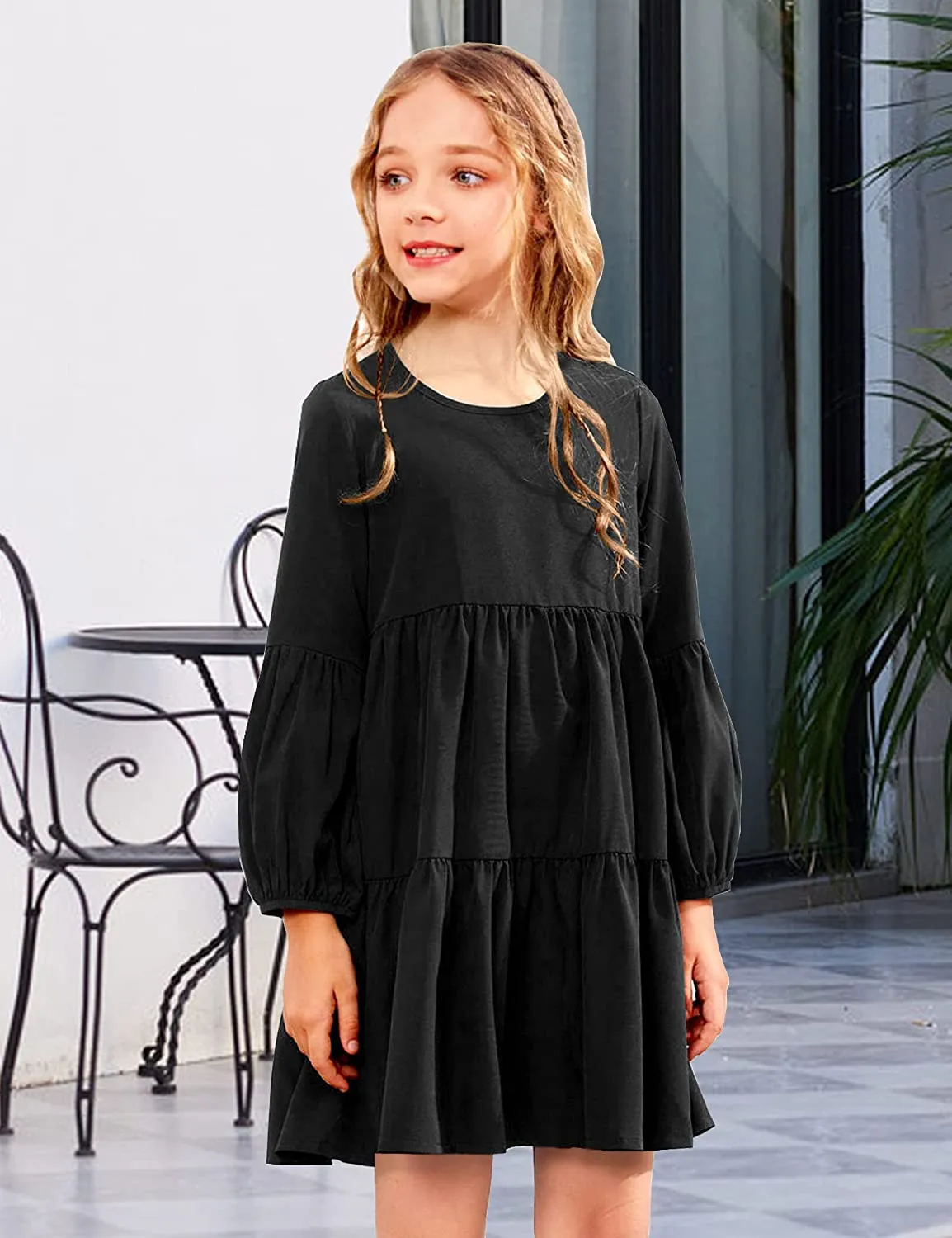 Arshiner Girls Dress Long Lantern Sleeve Loose Flowy Swing Ruffle Tunic Dresses