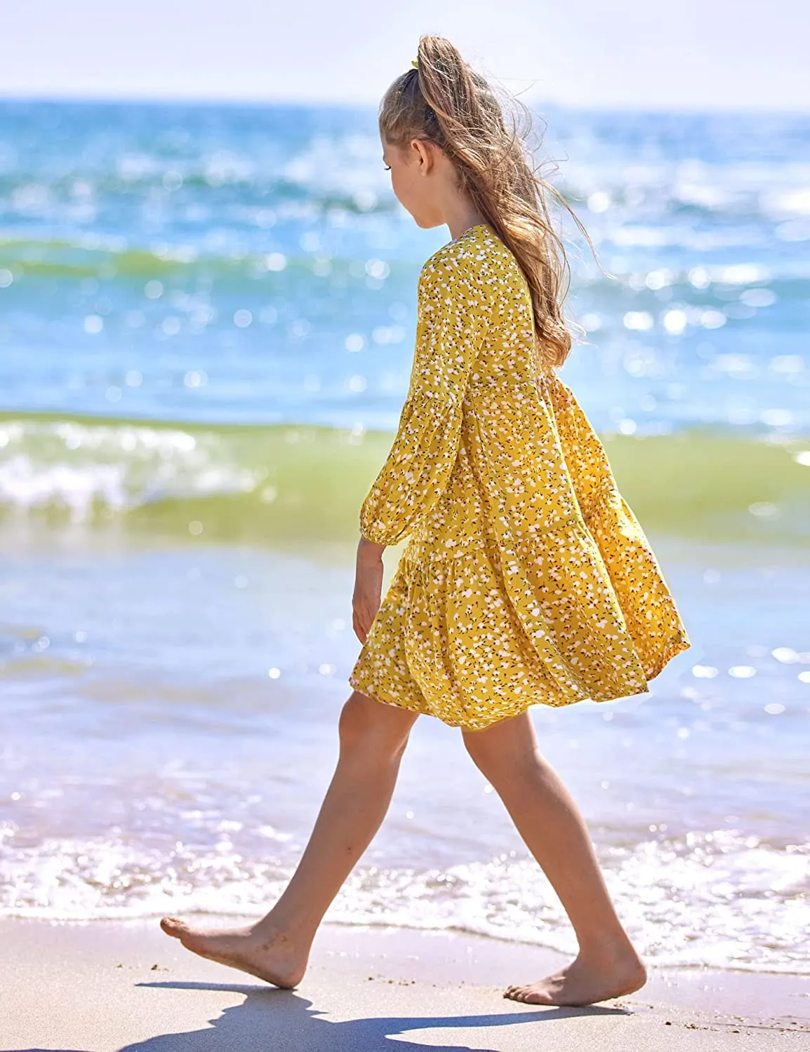 Arshiner Girls Dress Long Lantern Sleeve Loose Flowy Swing Ruffle Tunic Dresses