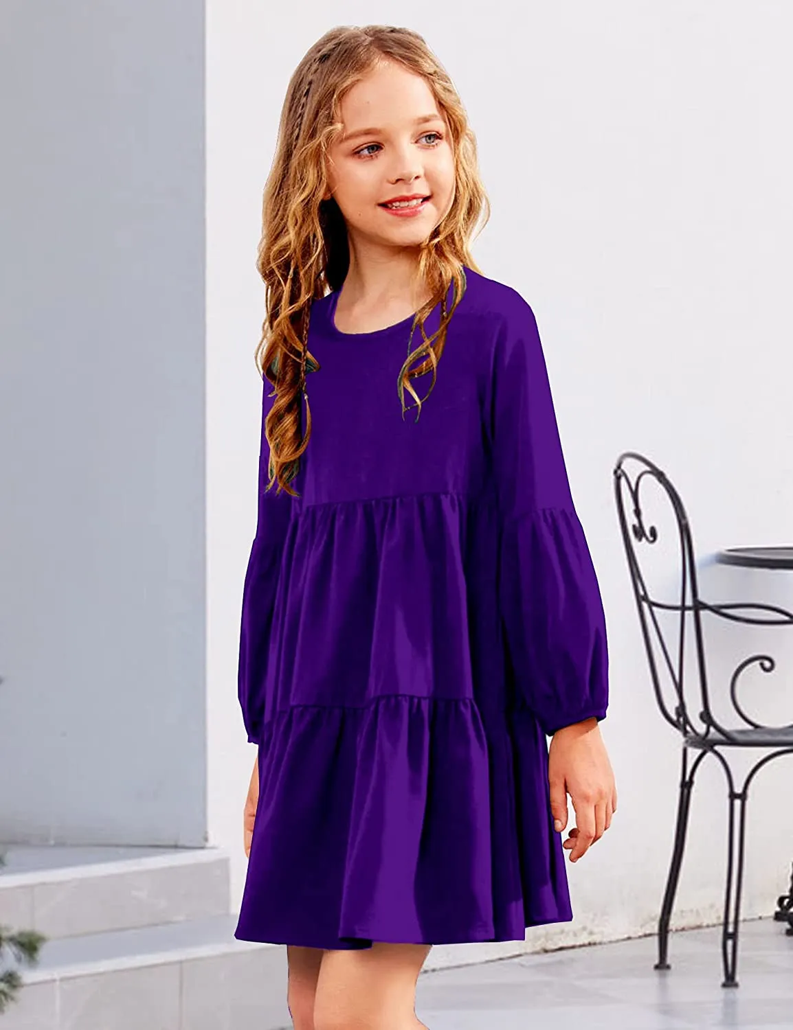 Arshiner Girls Dress Long Lantern Sleeve Loose Flowy Swing Ruffle Tunic Dresses