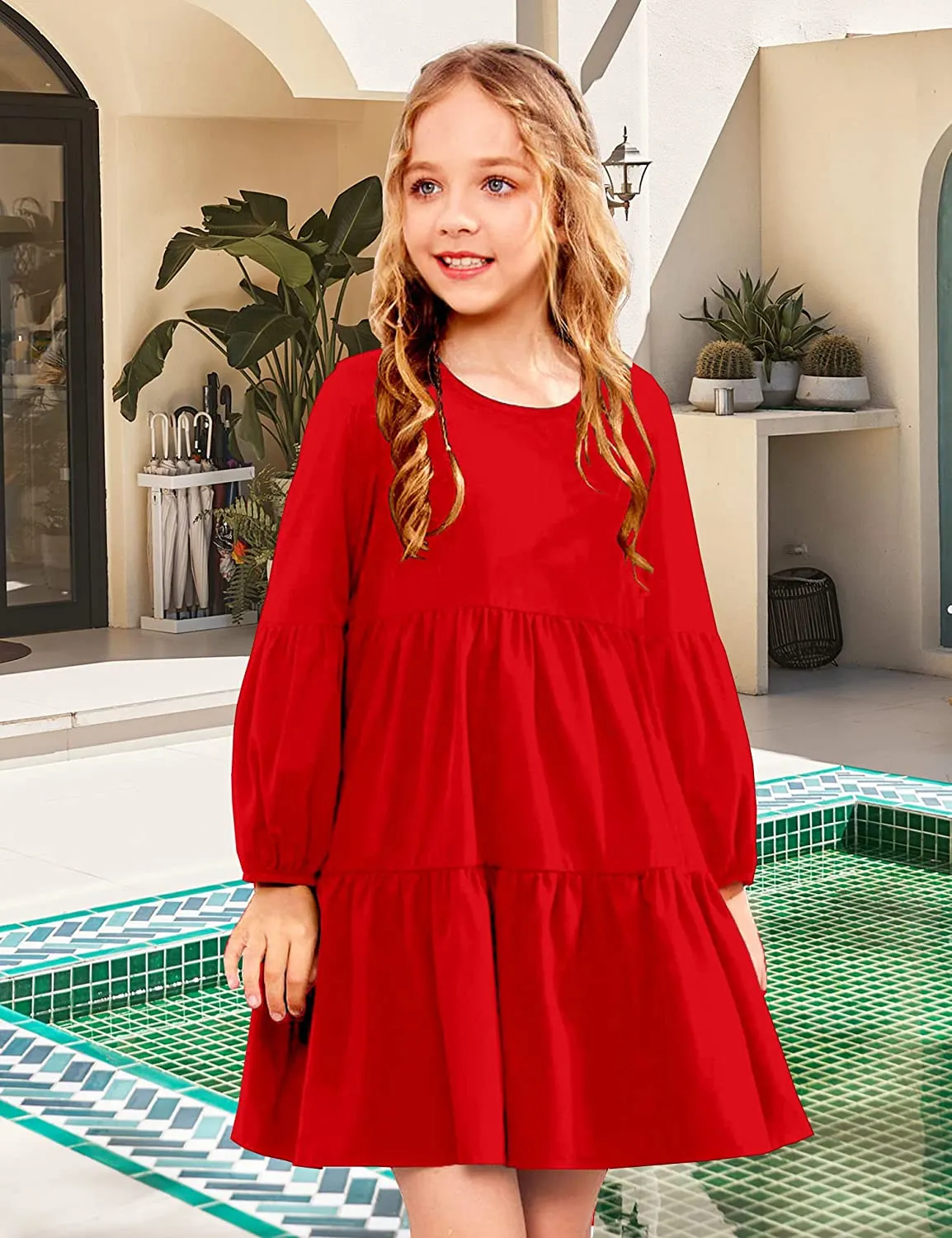 Arshiner Girls Dress Long Lantern Sleeve Loose Flowy Swing Ruffle Tunic Dresses