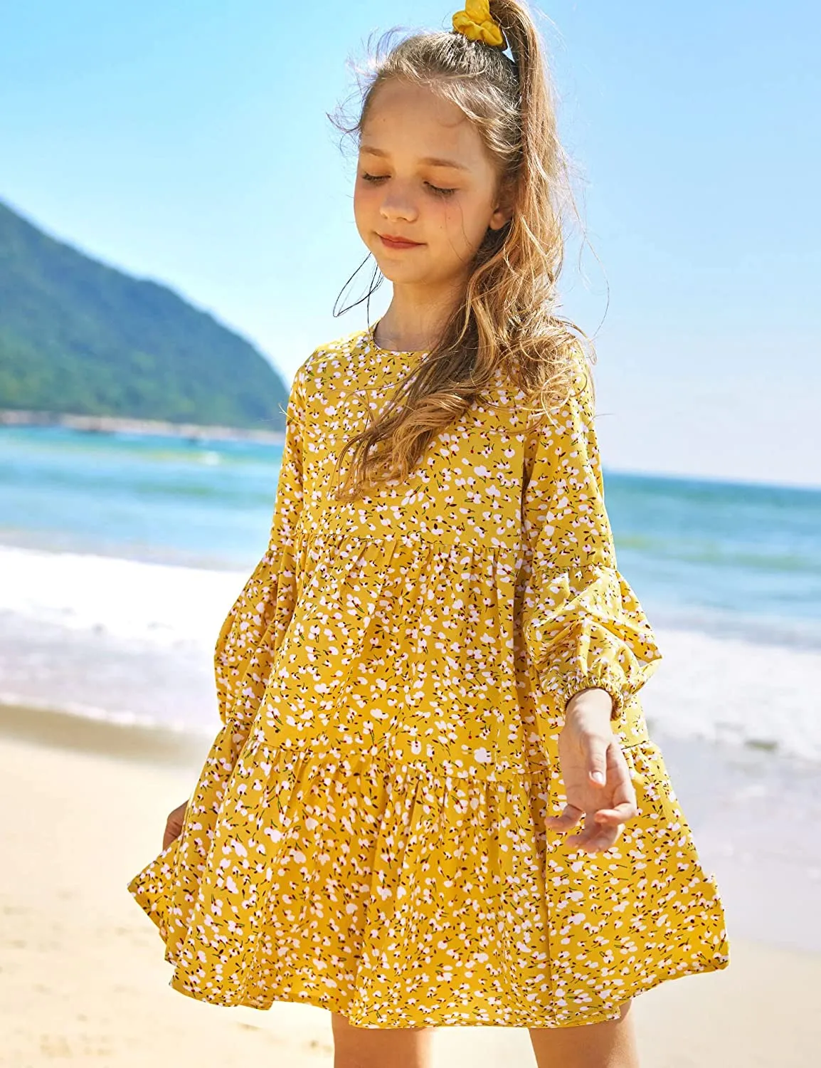 Arshiner Girls Dress Long Lantern Sleeve Loose Flowy Swing Ruffle Tunic Dresses