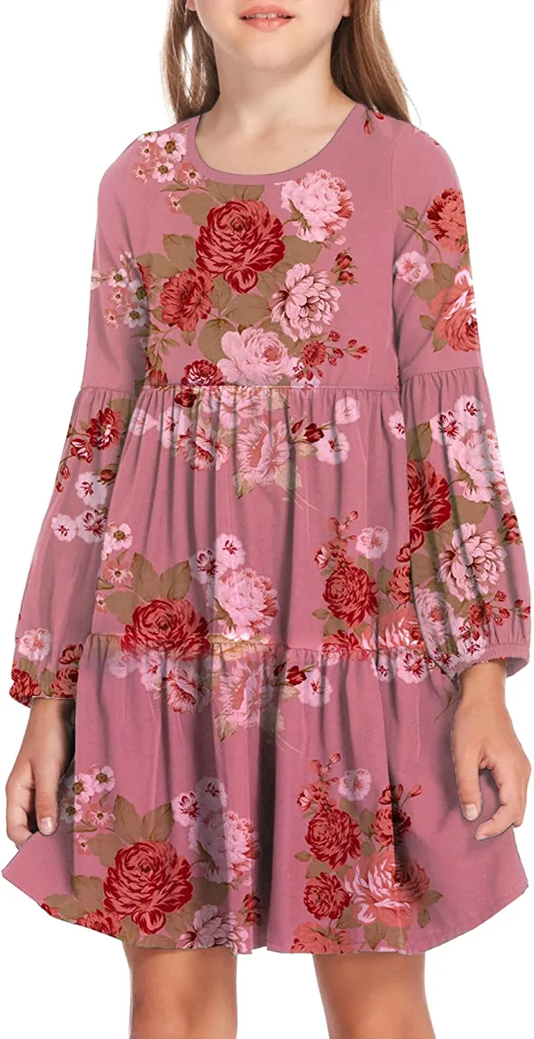 Arshiner Girls Dress Long Lantern Sleeve Loose Flowy Swing Ruffle Tunic Dresses