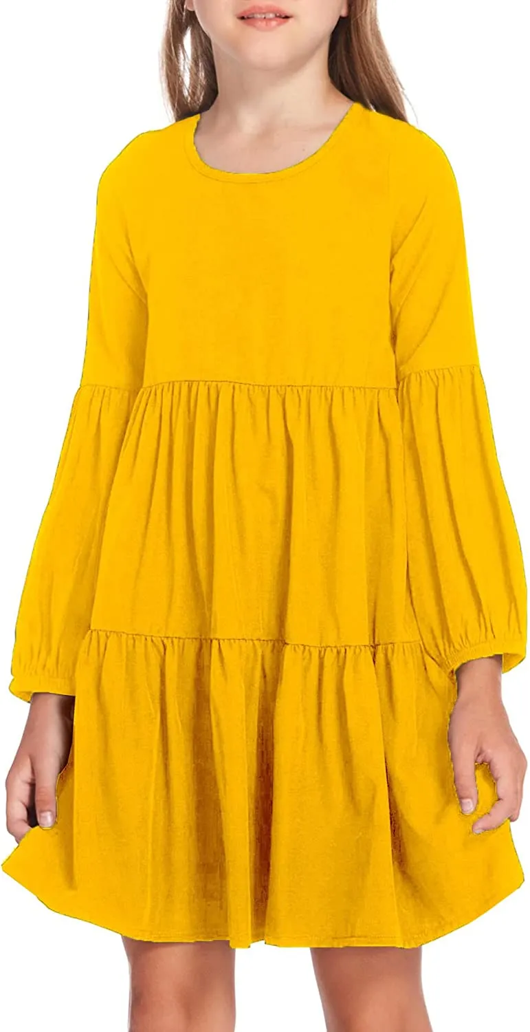 Arshiner Girls Dress Long Lantern Sleeve Loose Flowy Swing Ruffle Tunic Dresses