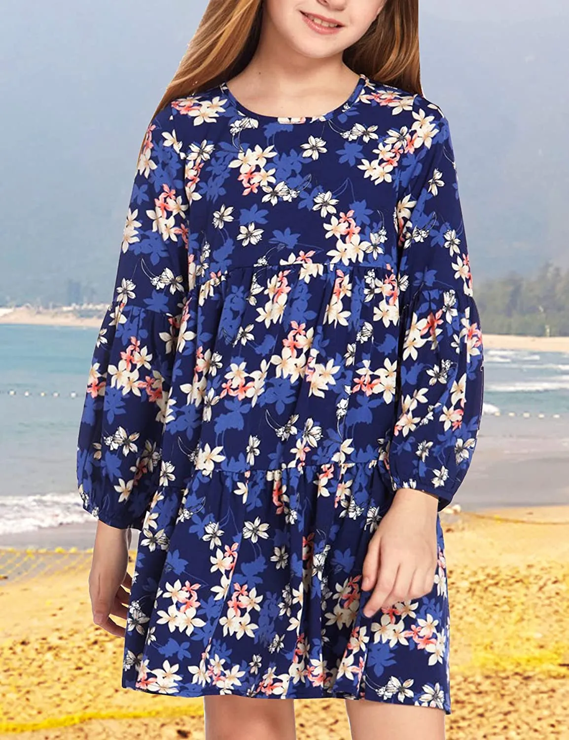 Arshiner Girls Dress Long Lantern Sleeve Loose Flowy Swing Ruffle Tunic Dresses