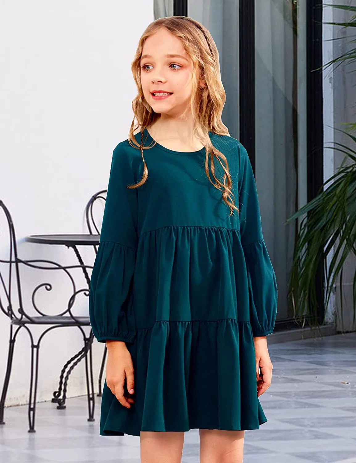 Arshiner Girls Dress Long Lantern Sleeve Loose Flowy Swing Ruffle Tunic Dresses