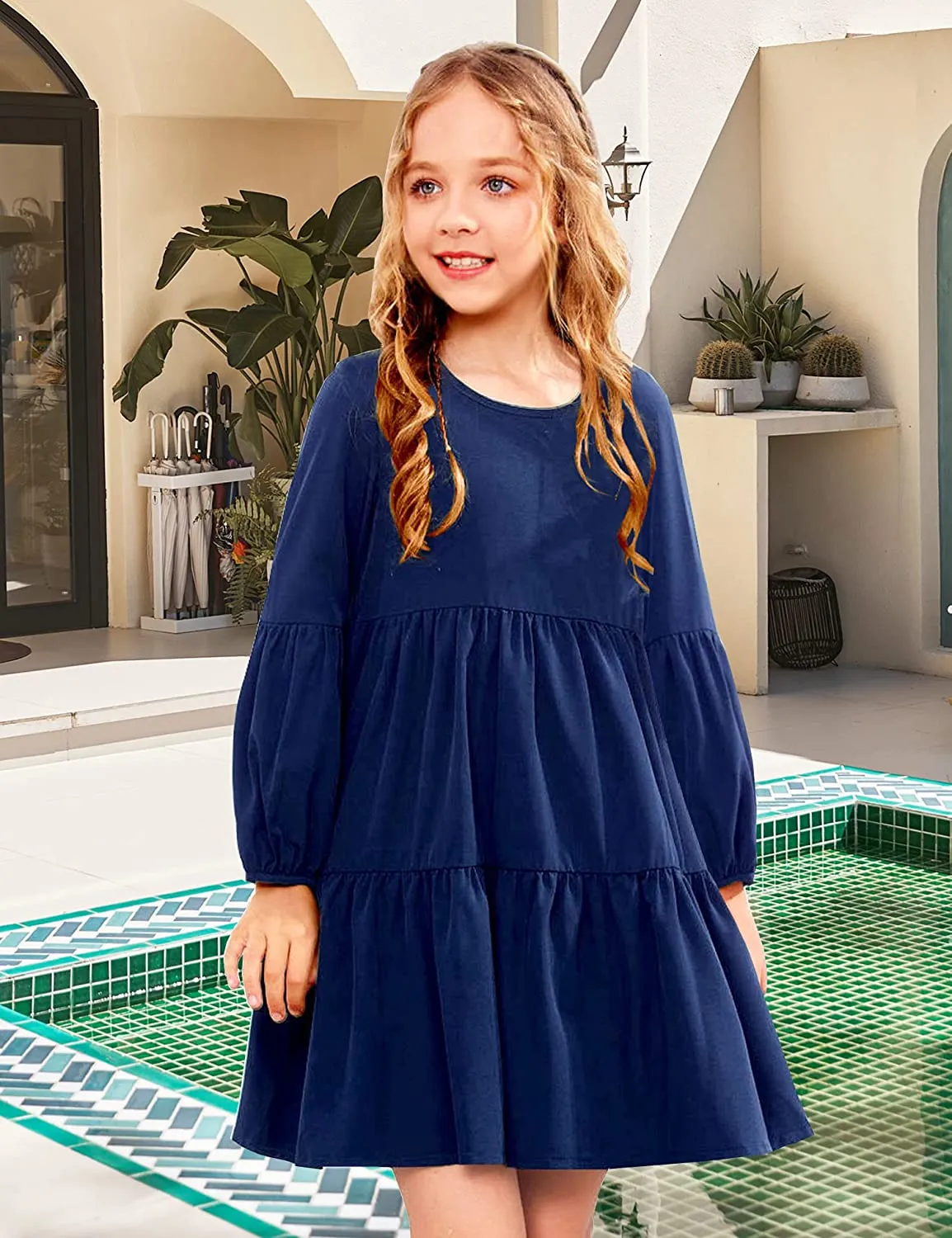 Arshiner Girls Dress Long Lantern Sleeve Loose Flowy Swing Ruffle Tunic Dresses