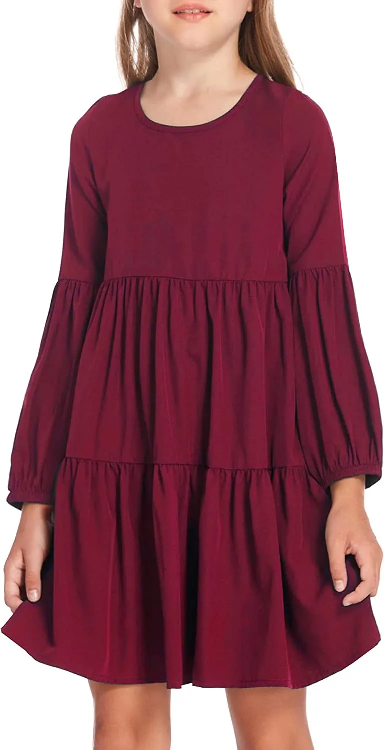 Arshiner Girls Dress Long Lantern Sleeve Loose Flowy Swing Ruffle Tunic Dresses