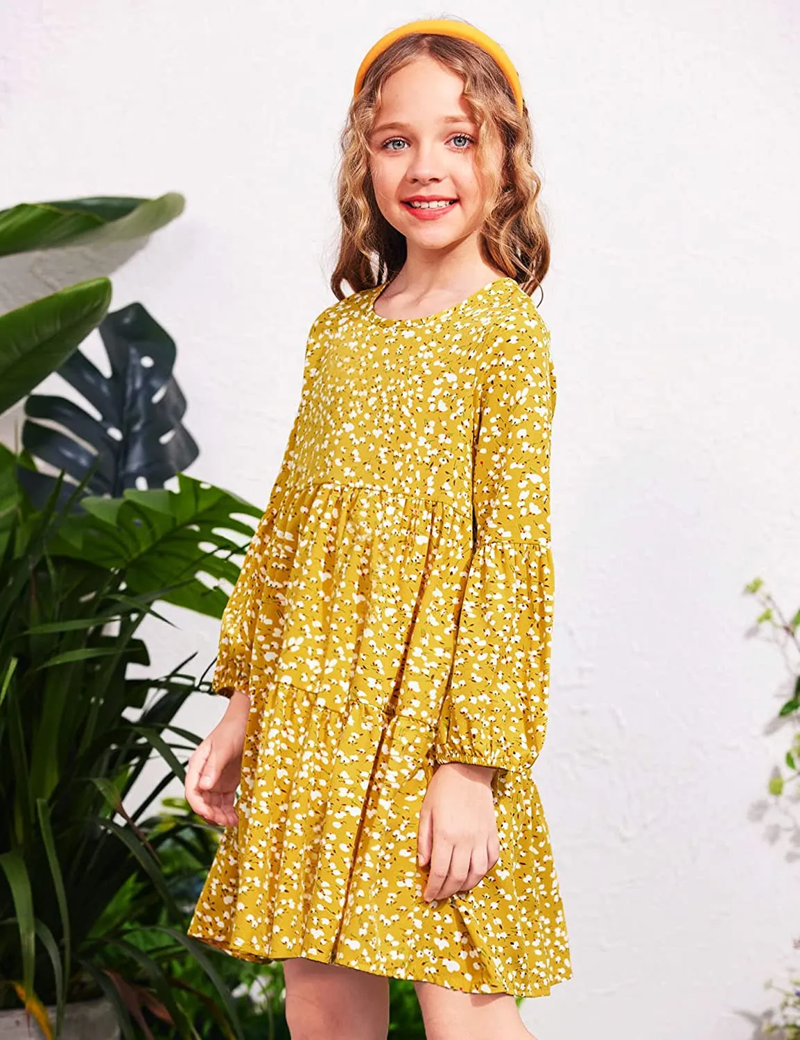 Arshiner Girls Dress Long Lantern Sleeve Loose Flowy Swing Ruffle Tunic Dresses