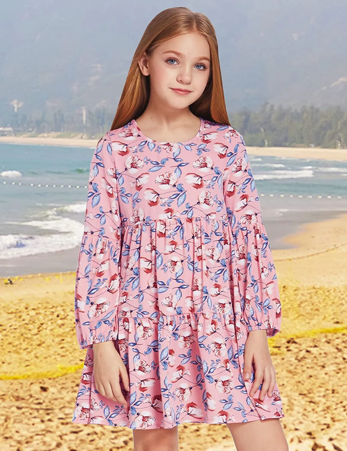 Arshiner Girls Dress Long Lantern Sleeve Loose Flowy Swing Ruffle Tunic Dresses