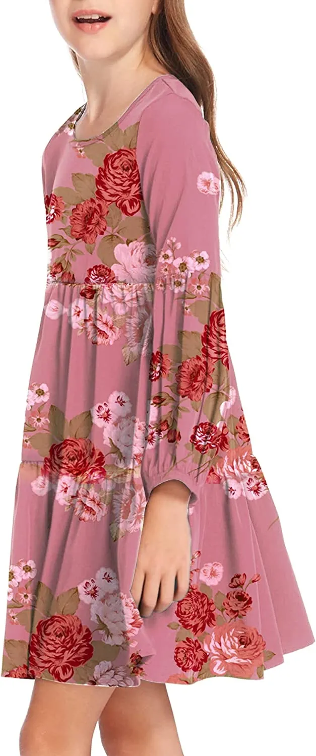 Arshiner Girls Dress Long Lantern Sleeve Loose Flowy Swing Ruffle Tunic Dresses