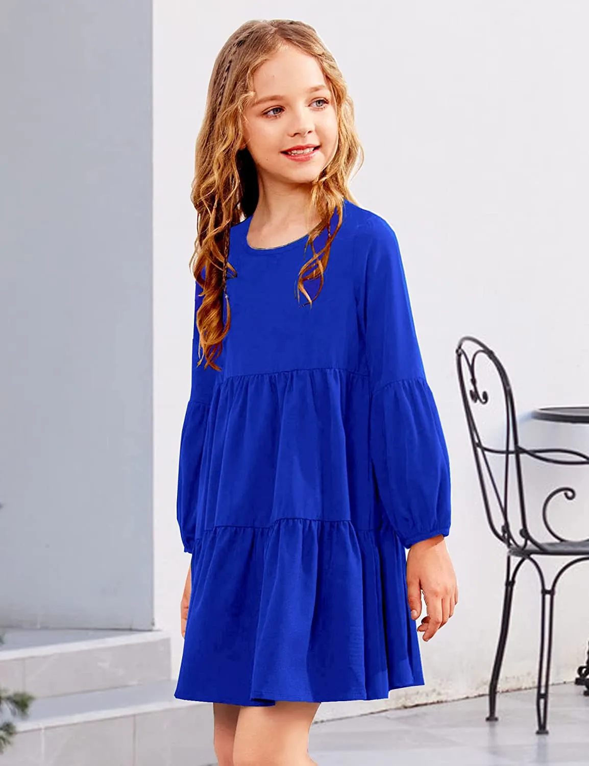 Arshiner Girls Dress Long Lantern Sleeve Loose Flowy Swing Ruffle Tunic Dresses