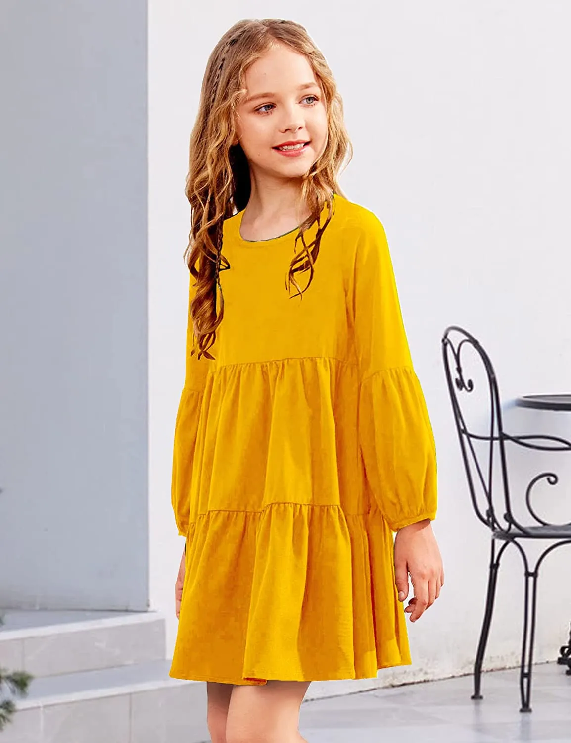 Arshiner Girls Dress Long Lantern Sleeve Loose Flowy Swing Ruffle Tunic Dresses