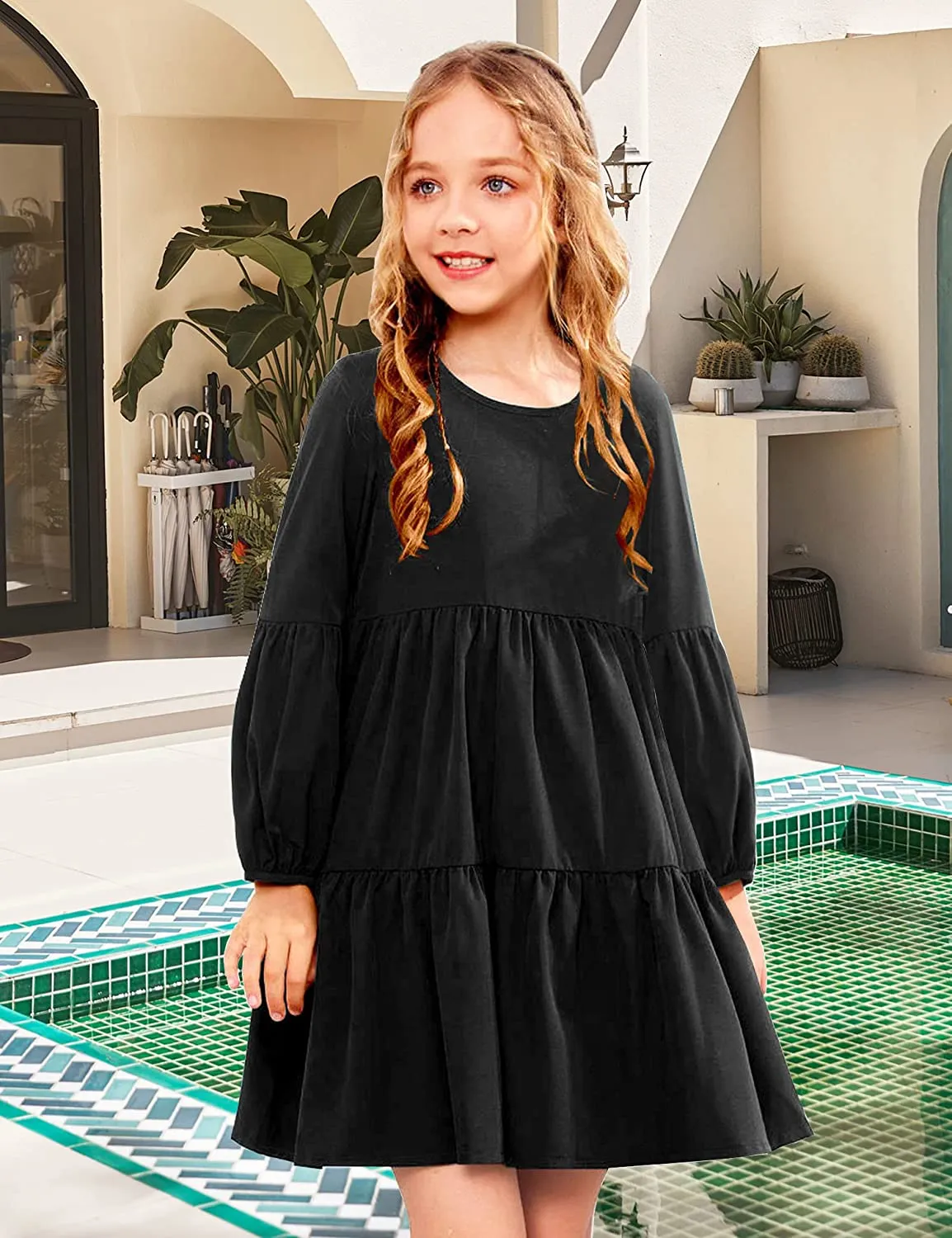 Arshiner Girls Dress Long Lantern Sleeve Loose Flowy Swing Ruffle Tunic Dresses
