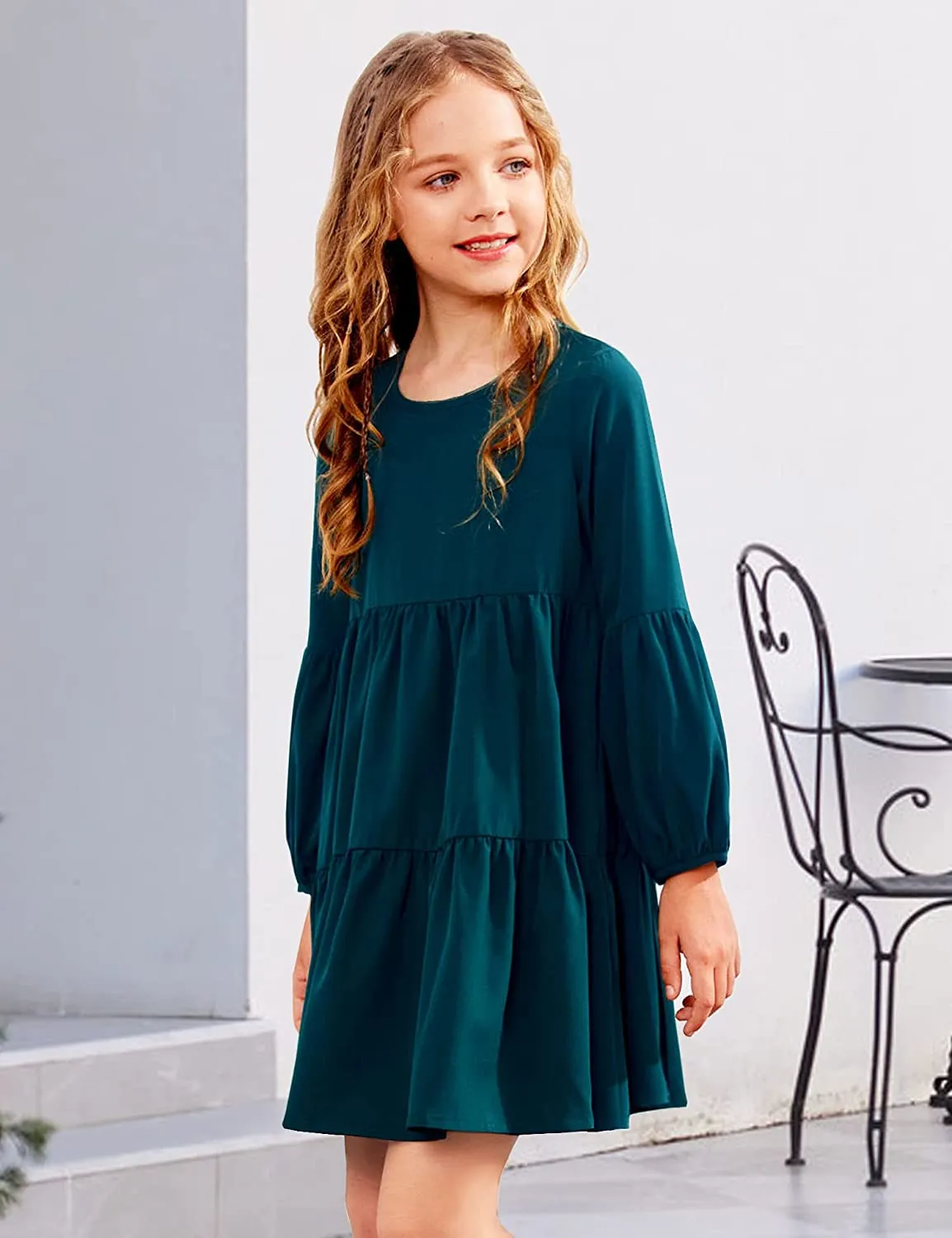 Arshiner Girls Dress Long Lantern Sleeve Loose Flowy Swing Ruffle Tunic Dresses