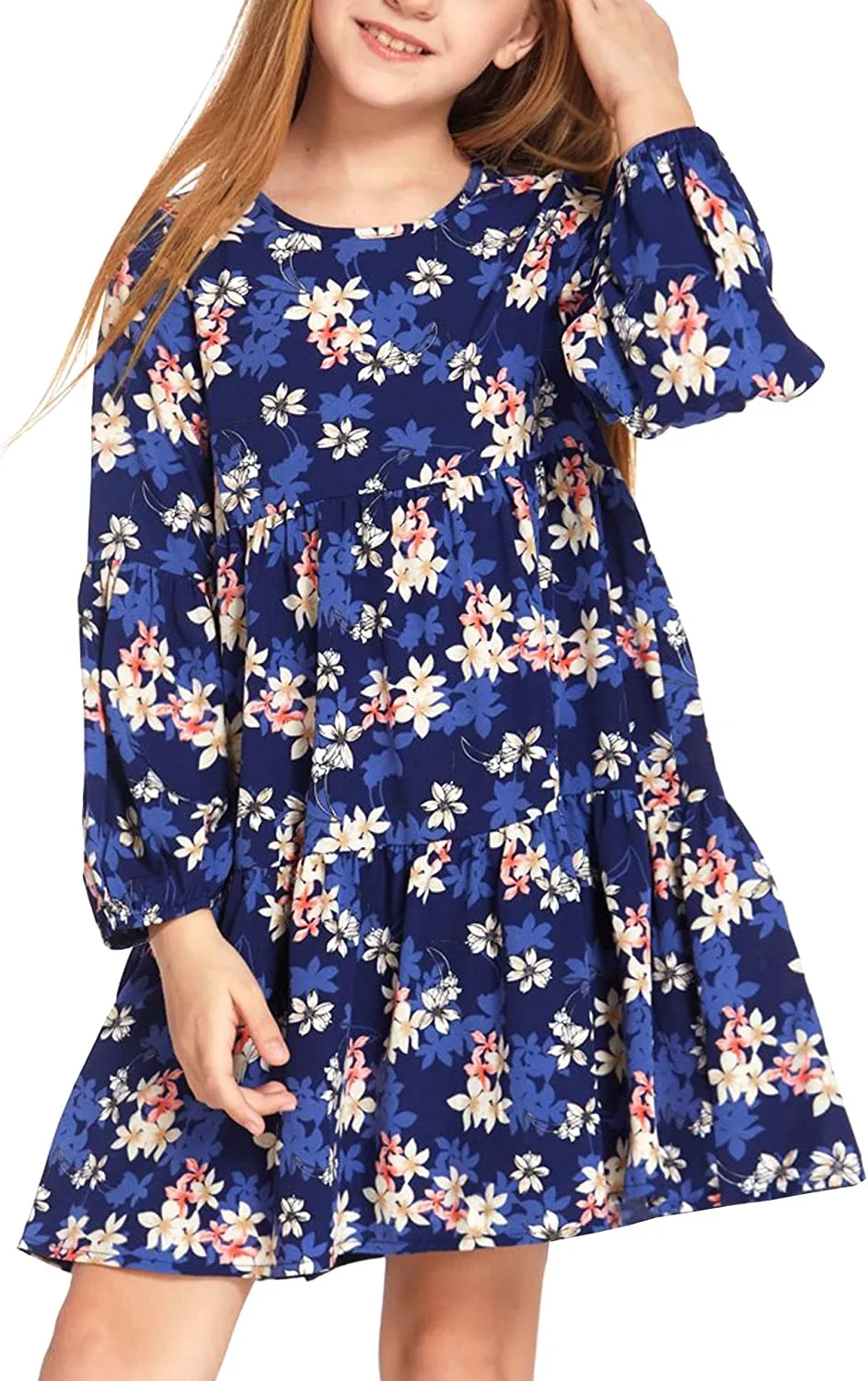 Arshiner Girls Dress Long Lantern Sleeve Loose Flowy Swing Ruffle Tunic Dresses