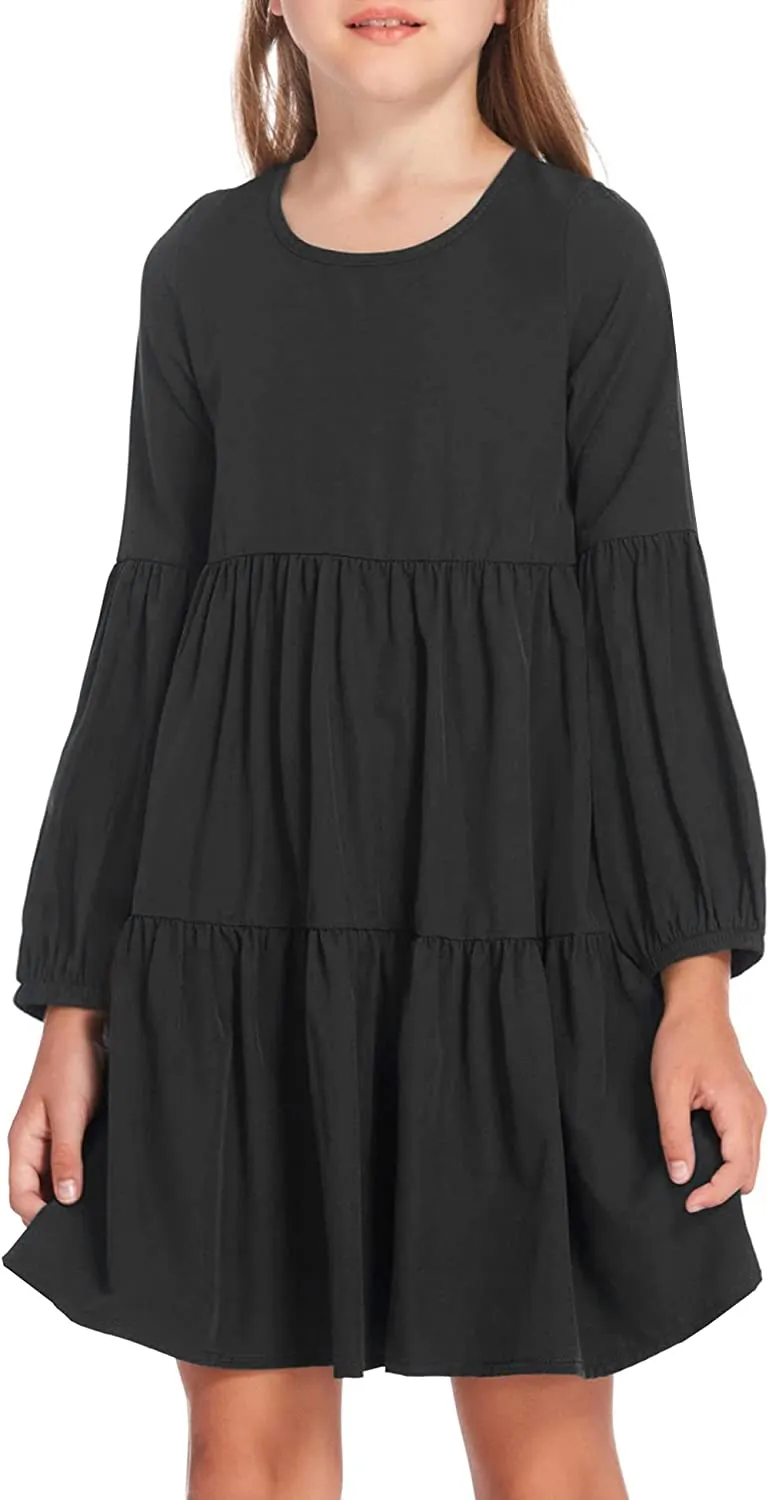 Arshiner Girls Dress Long Lantern Sleeve Loose Flowy Swing Ruffle Tunic Dresses