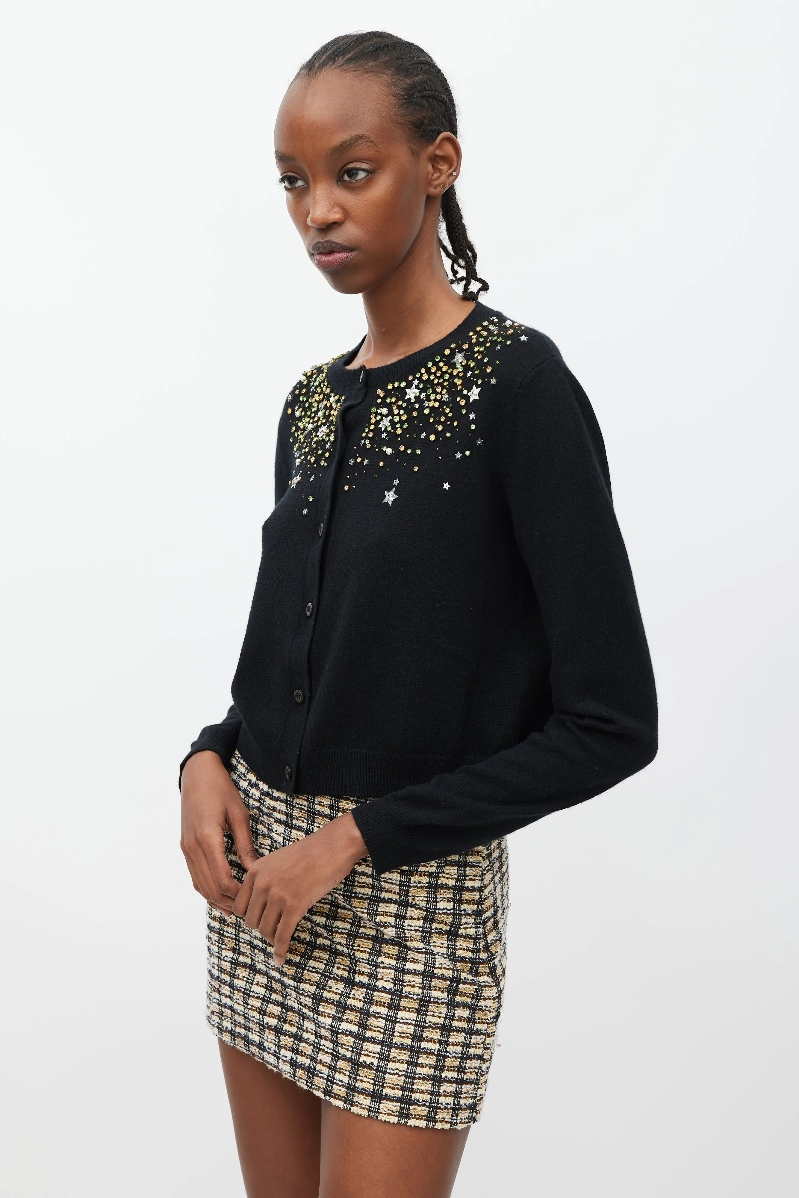 Black & Multicolour Crystal & Star Embellished Cardigan