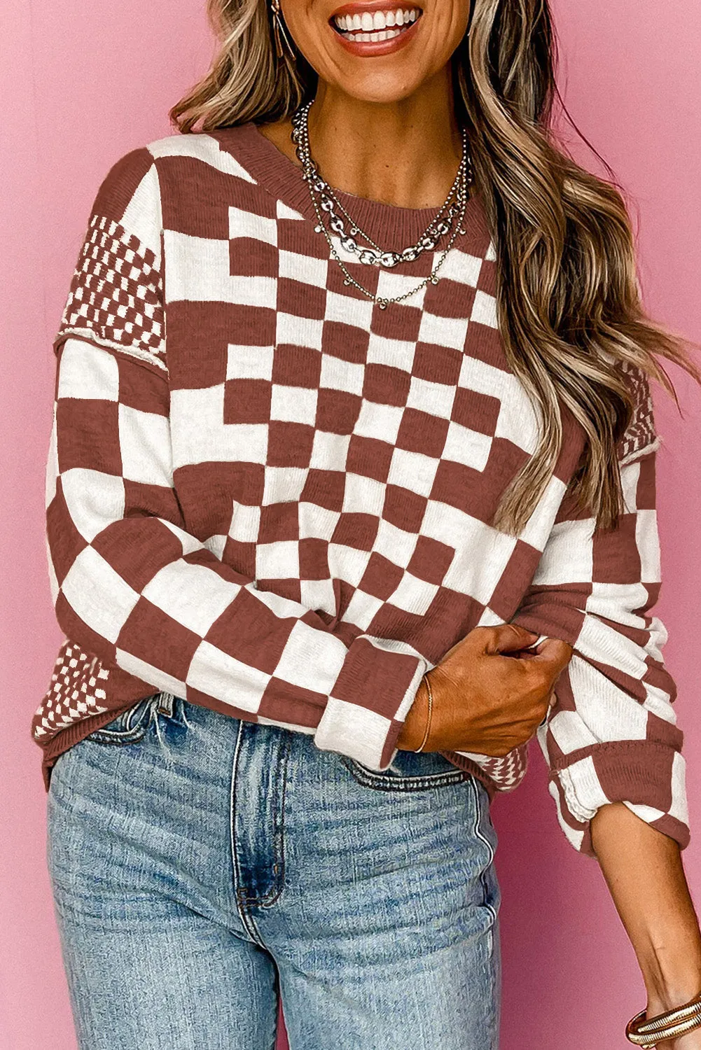 Black Brown Gray Checkered Print Drop Shoulder Round Neck Sweater