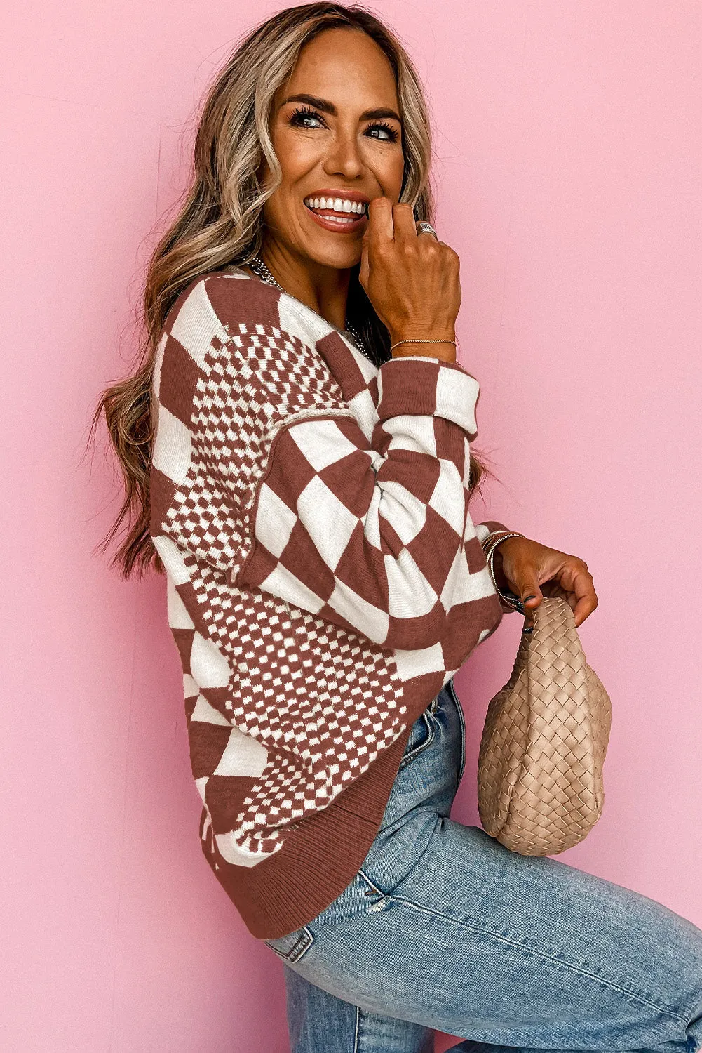 Black Brown Gray Checkered Print Drop Shoulder Round Neck Sweater