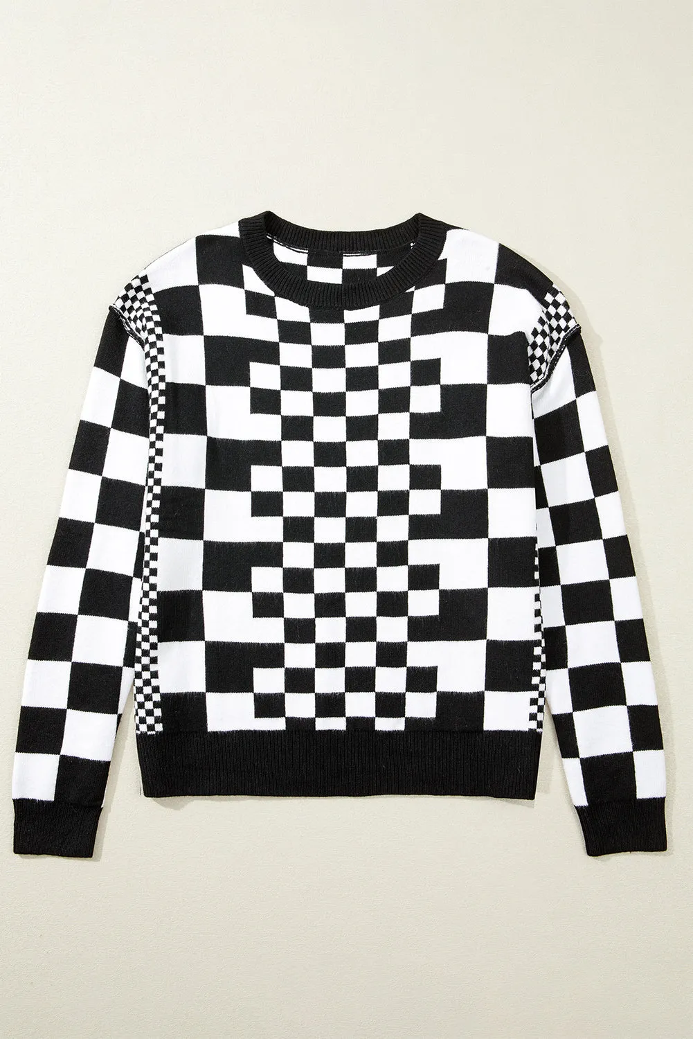 Black Brown Gray Checkered Print Drop Shoulder Round Neck Sweater