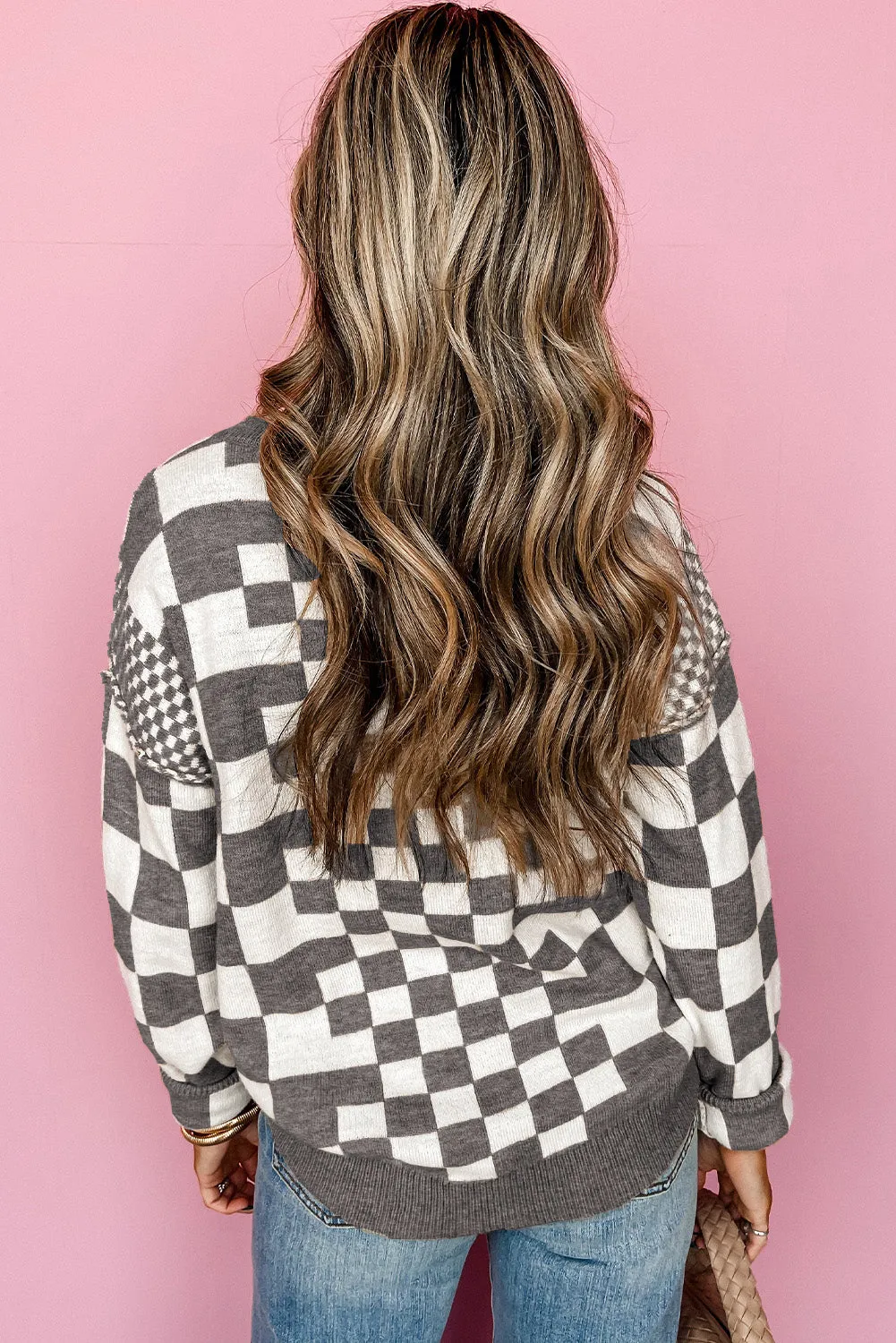 Black Brown Gray Checkered Print Drop Shoulder Round Neck Sweater