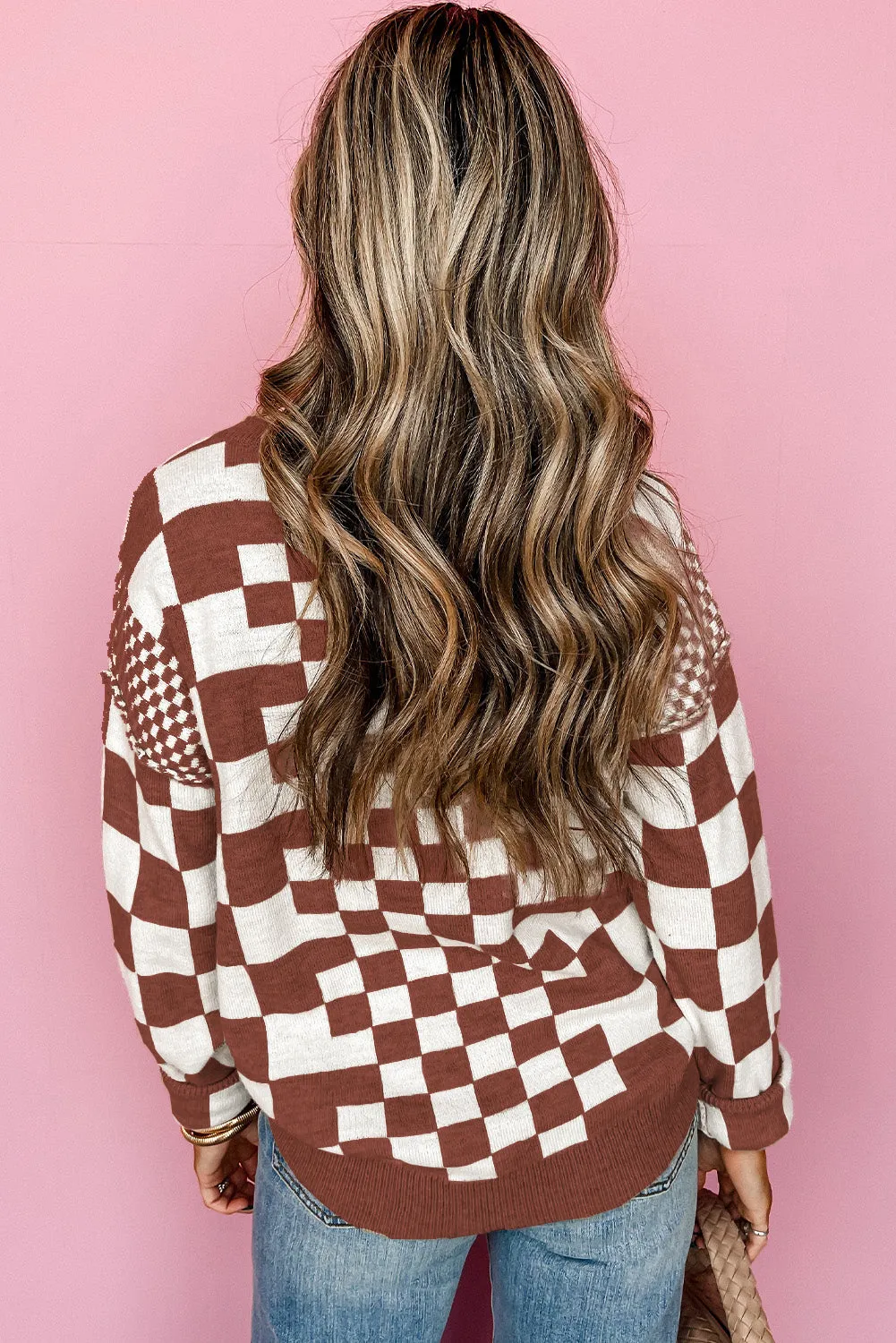 Black Brown Gray Checkered Print Drop Shoulder Round Neck Sweater