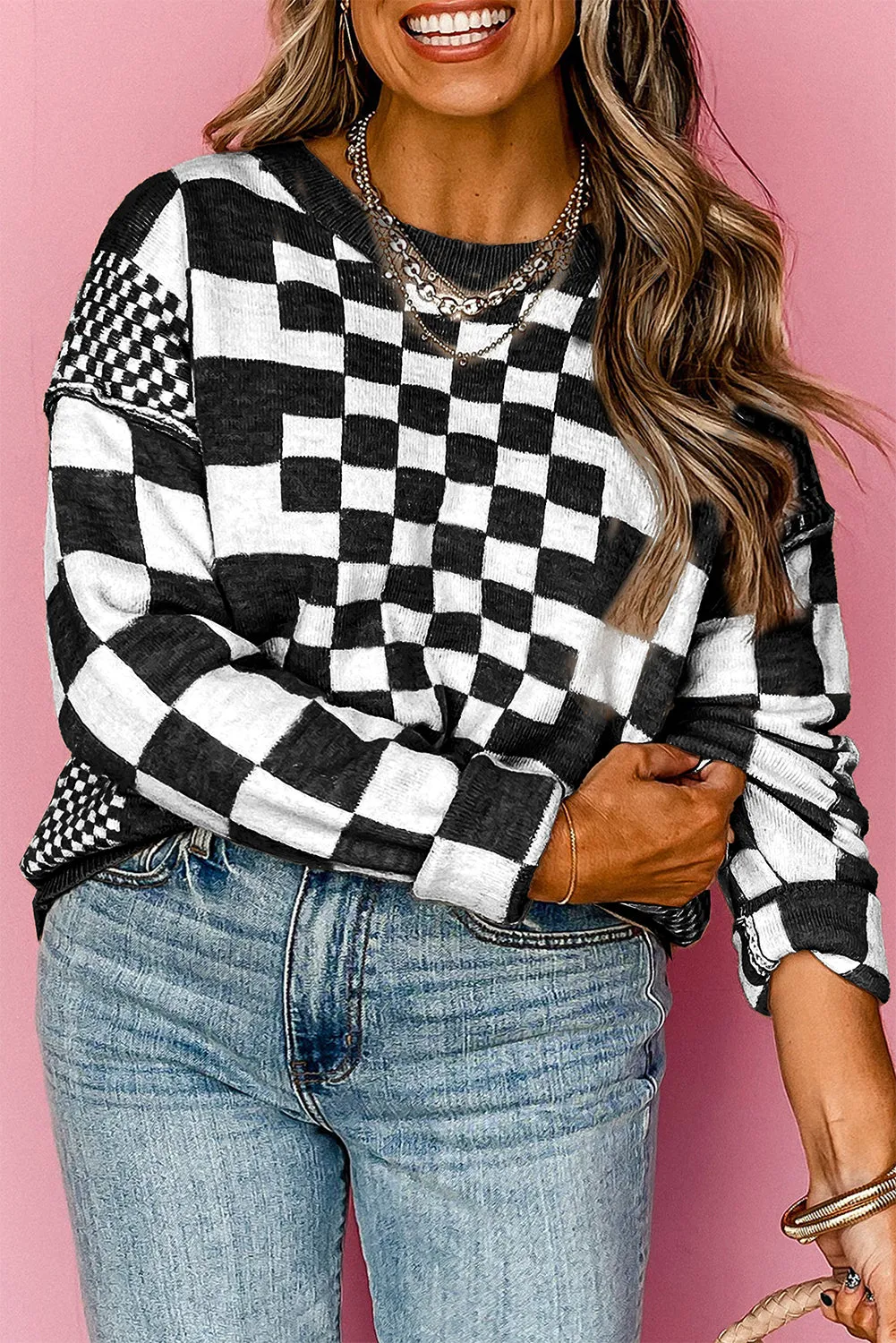 Black Brown Gray Checkered Print Drop Shoulder Round Neck Sweater